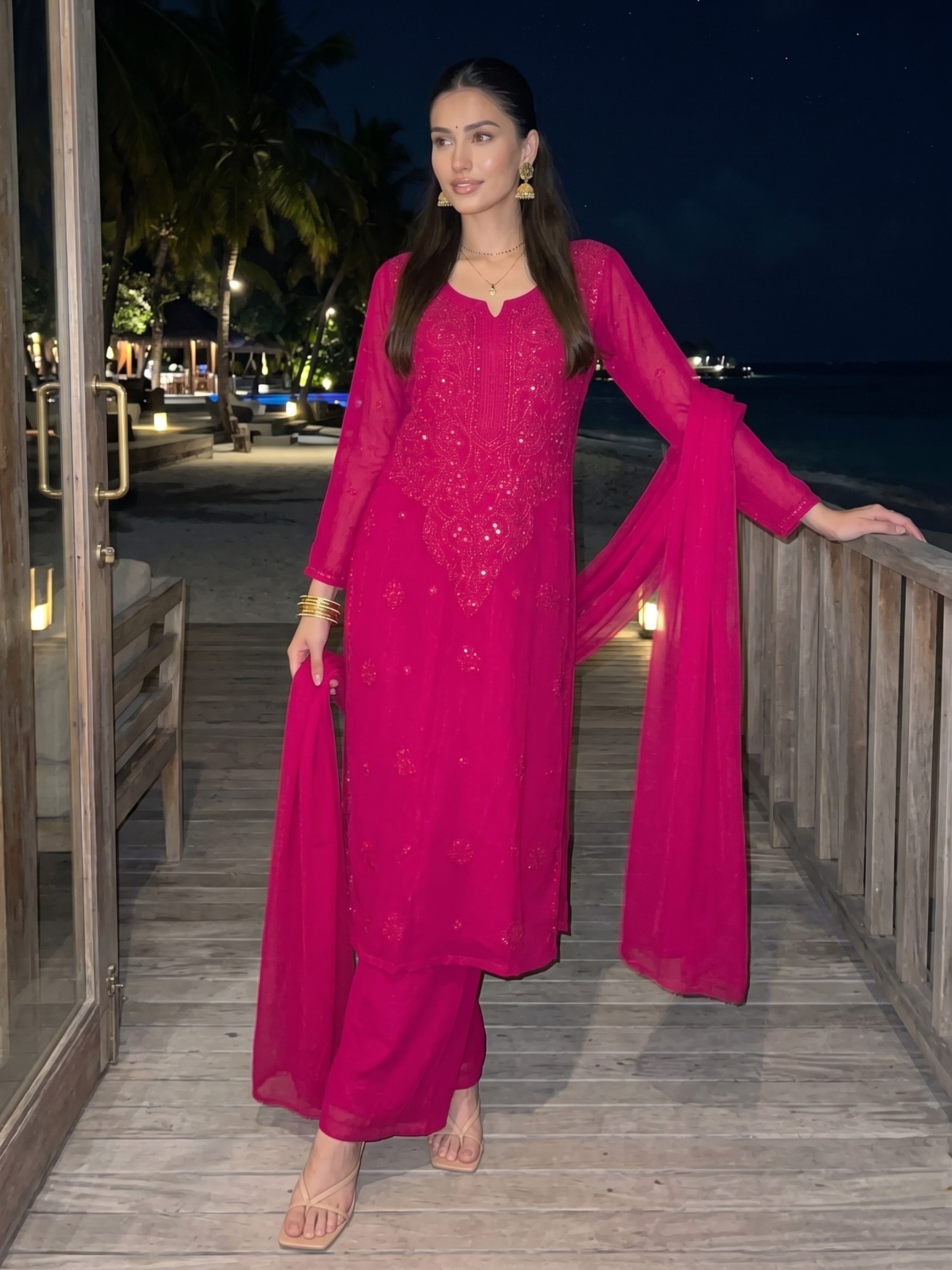 Vibrant Pink Chikankari Kurta Set (Set of 3)