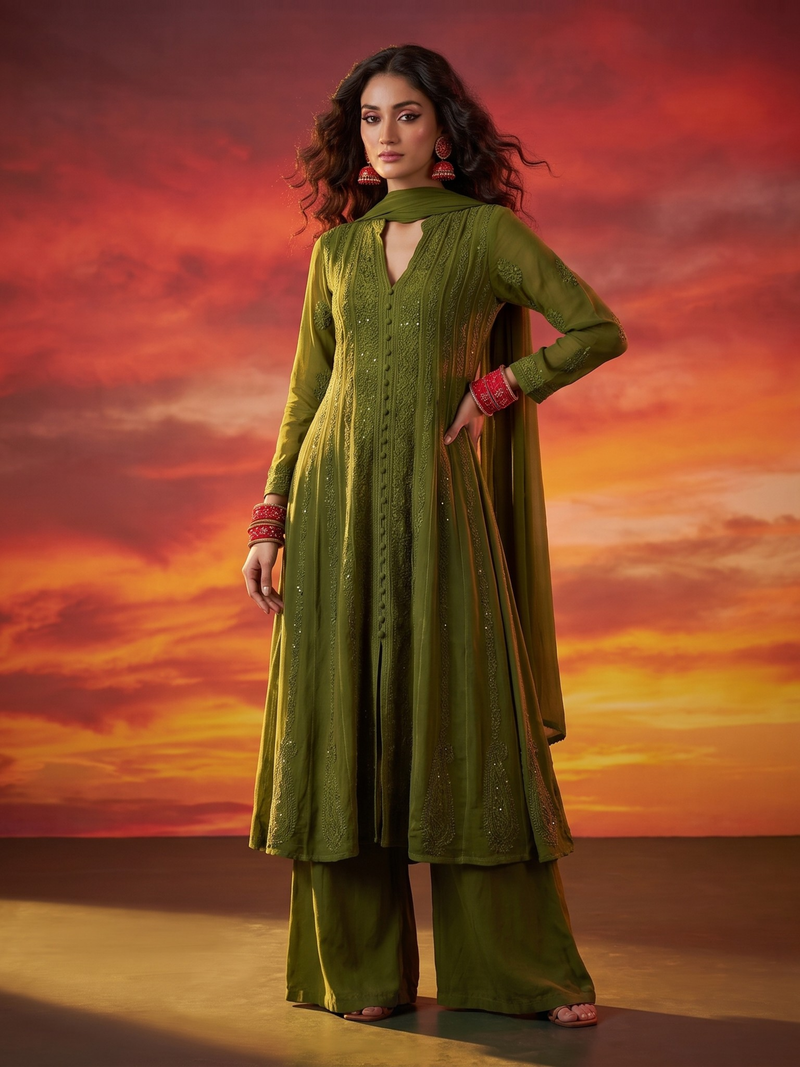 Olive Tuscany Chikankari & Mukaish Anarkali Set (Set of 3)