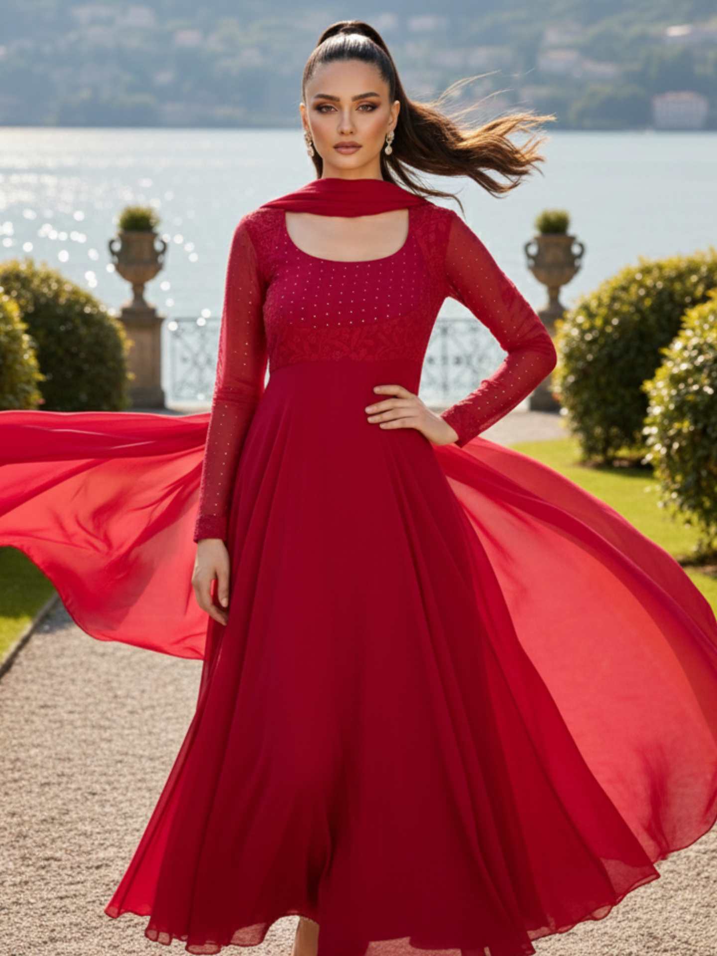 Noir Red Chikankari Anarkali Set (Set of 3)