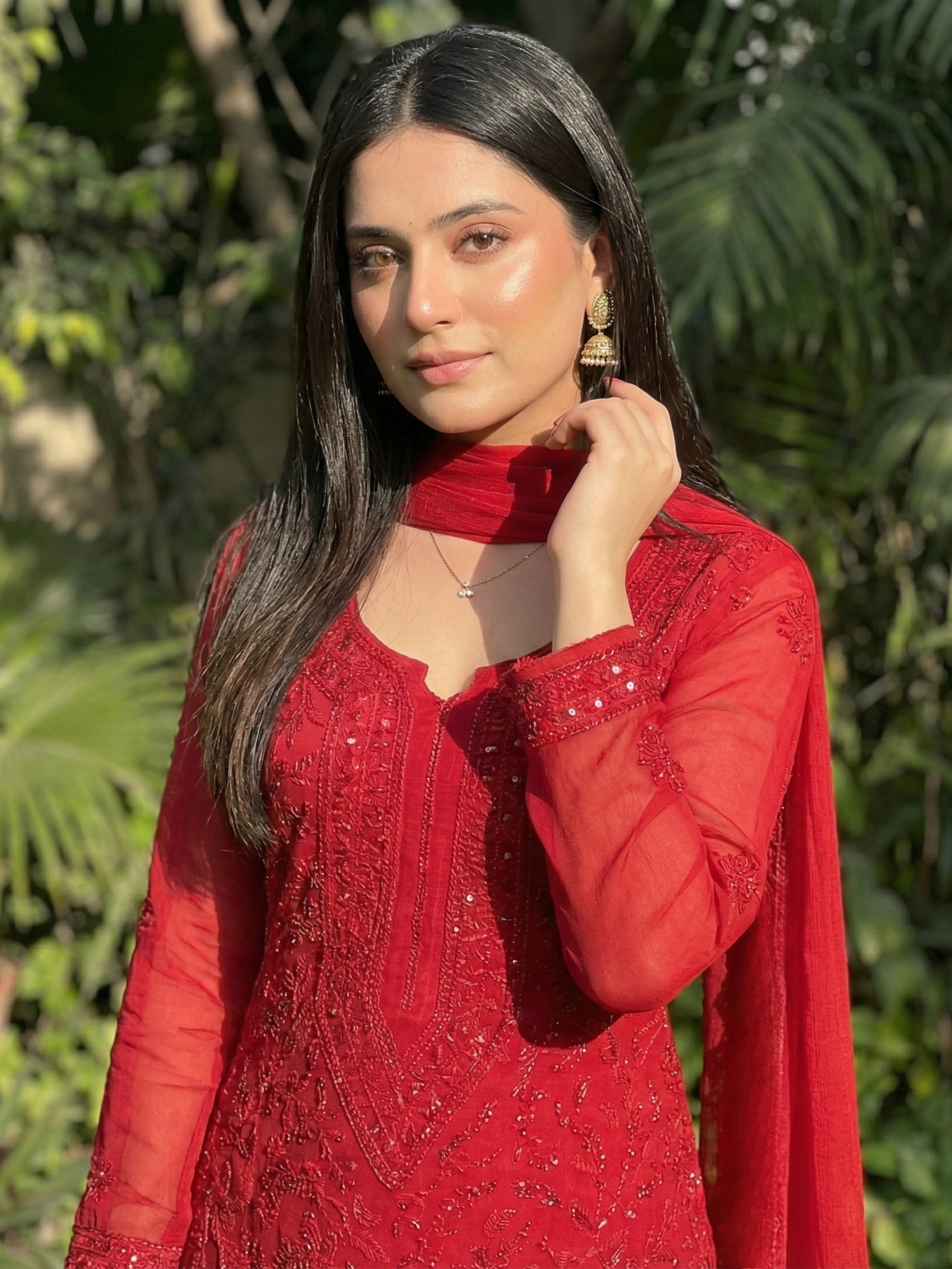 Forbidden Red Full Sleeves Chikankari Kurta Set (Set of 3)