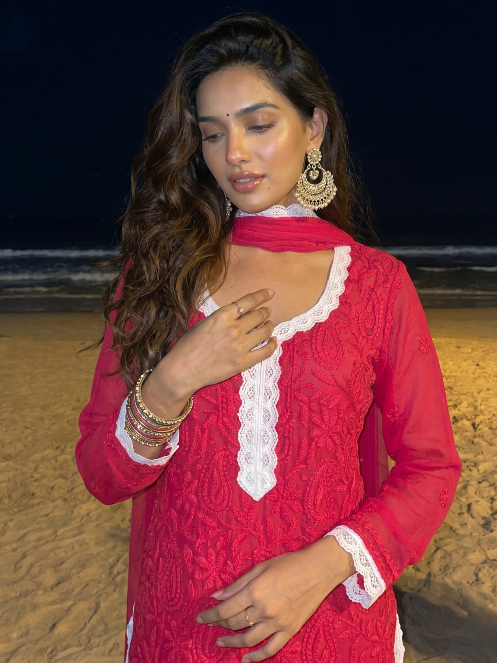 Aniyah Rose Red Chikankari Kurta Set (Set of 3)