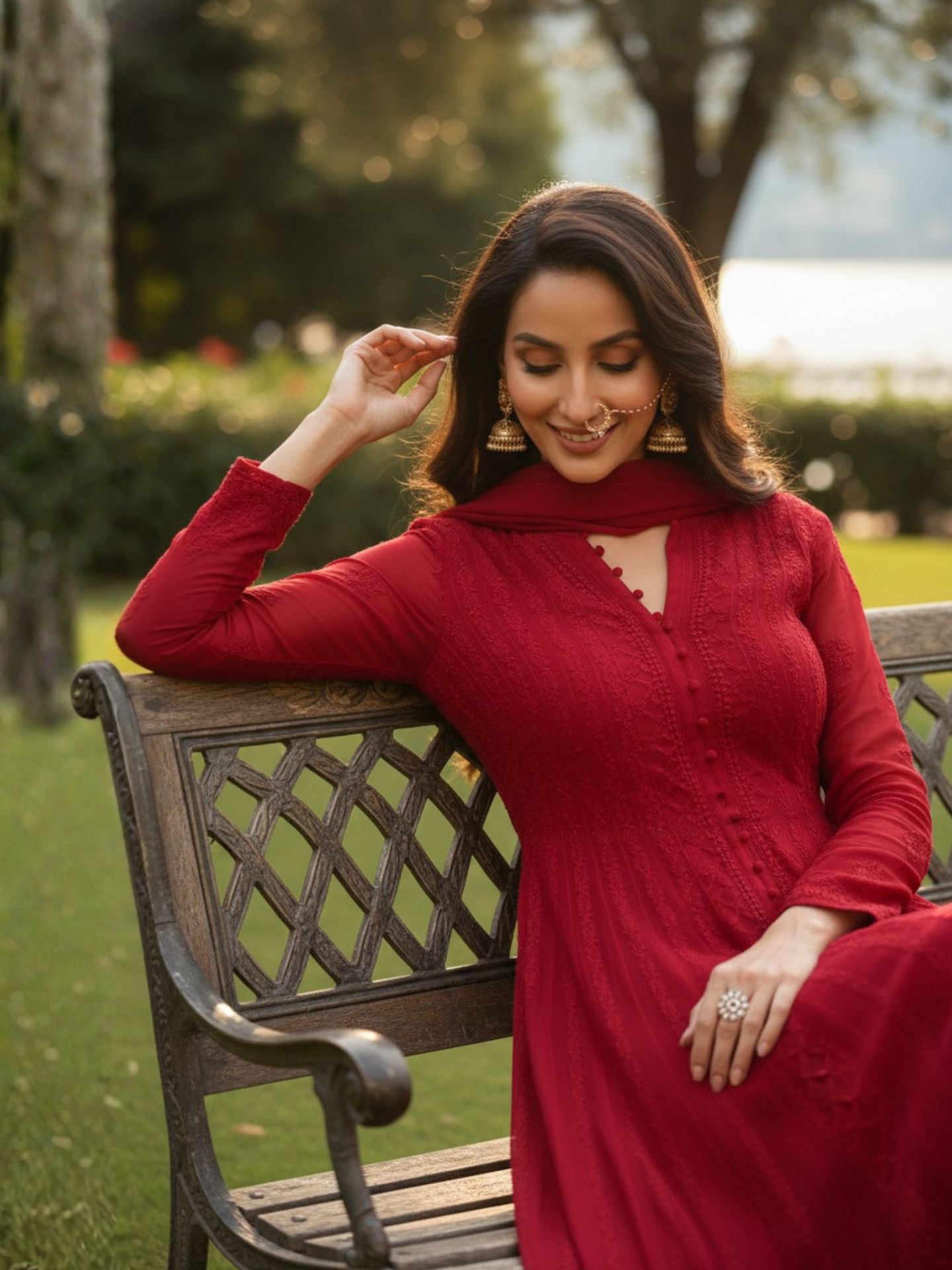 Ravello Red Chikankari & Mukaish Anarkali Set (Set of 3)