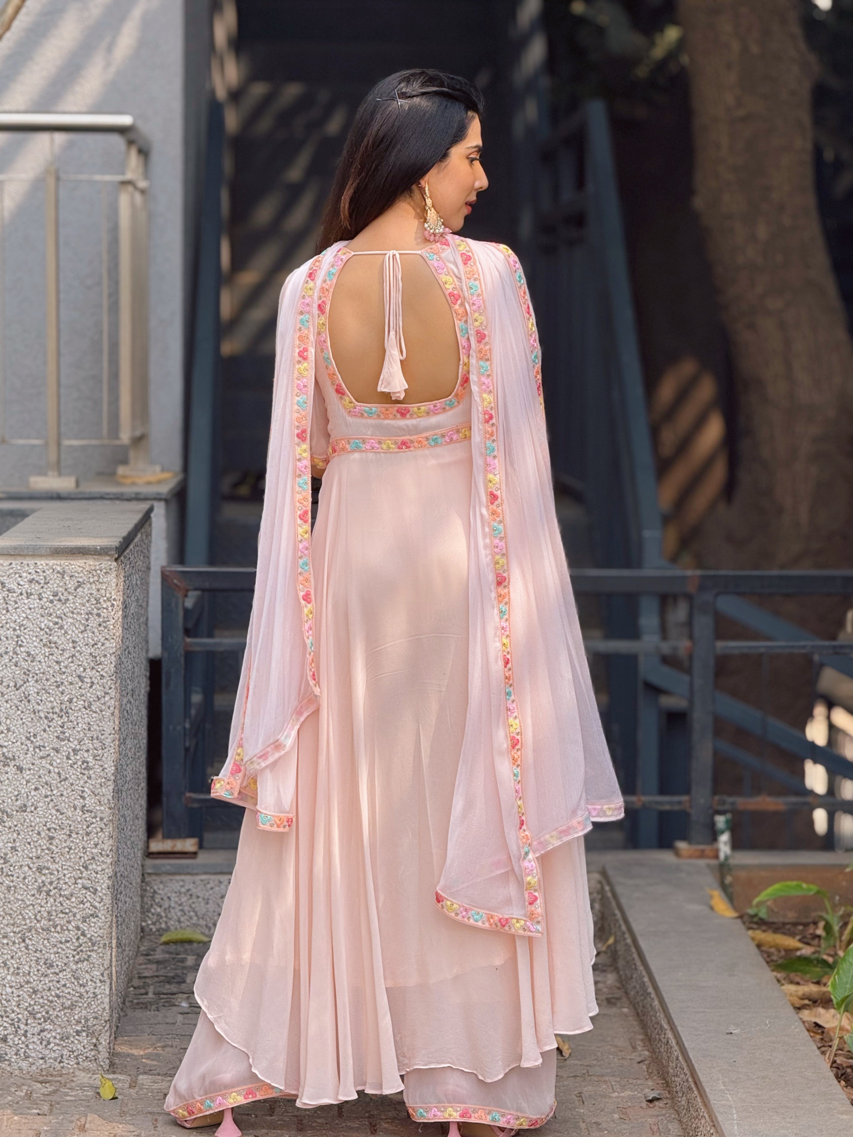Muted Peach Chikankari Parsi Gara Anarkali Kurta Set (set of 3)