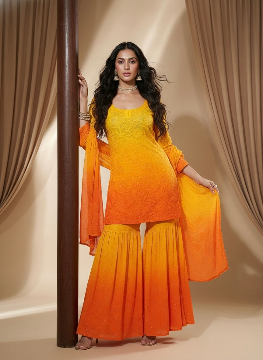 Tuscan Gold Mukaish Gharara Short Kurta Set (Set of 3)