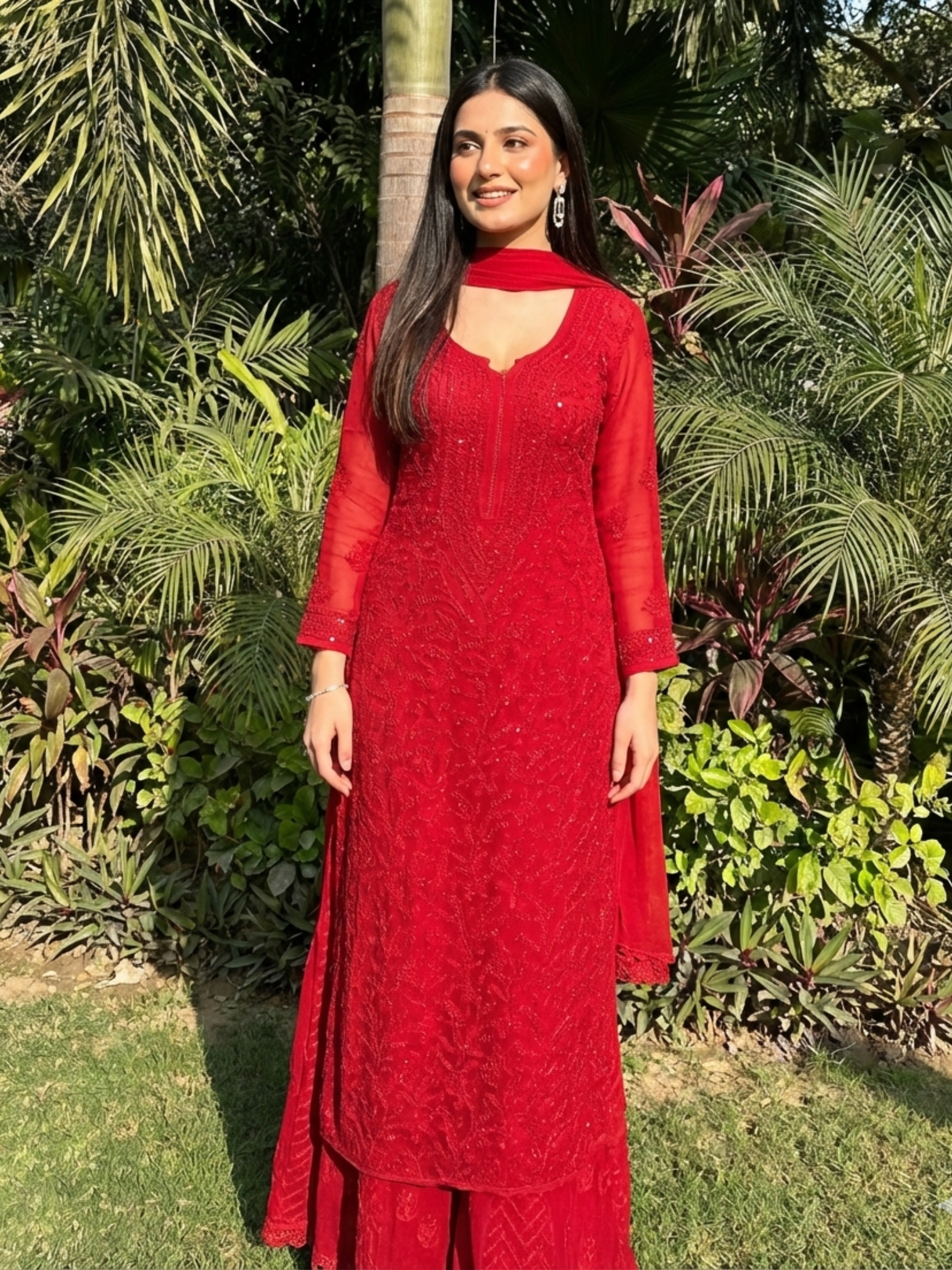 Forbidden Red Full Sleeves Chikankari Kurta Set (Set of 3)