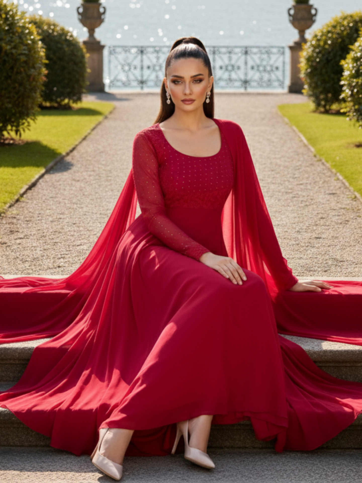 Noir Red Chikankari Anarkali Set (Set of 3)