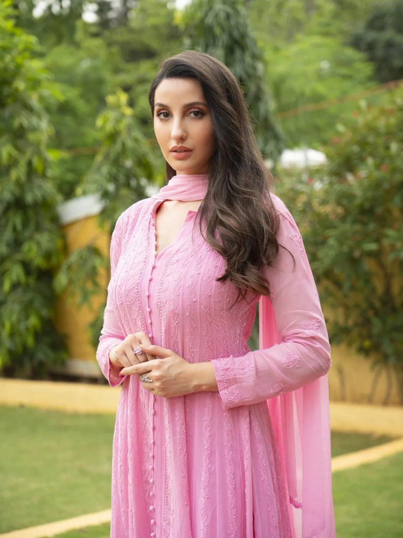 Nora Fatehi in Spanish Rose Chikankari & Mukaish Anarkali Set (Set of 3)