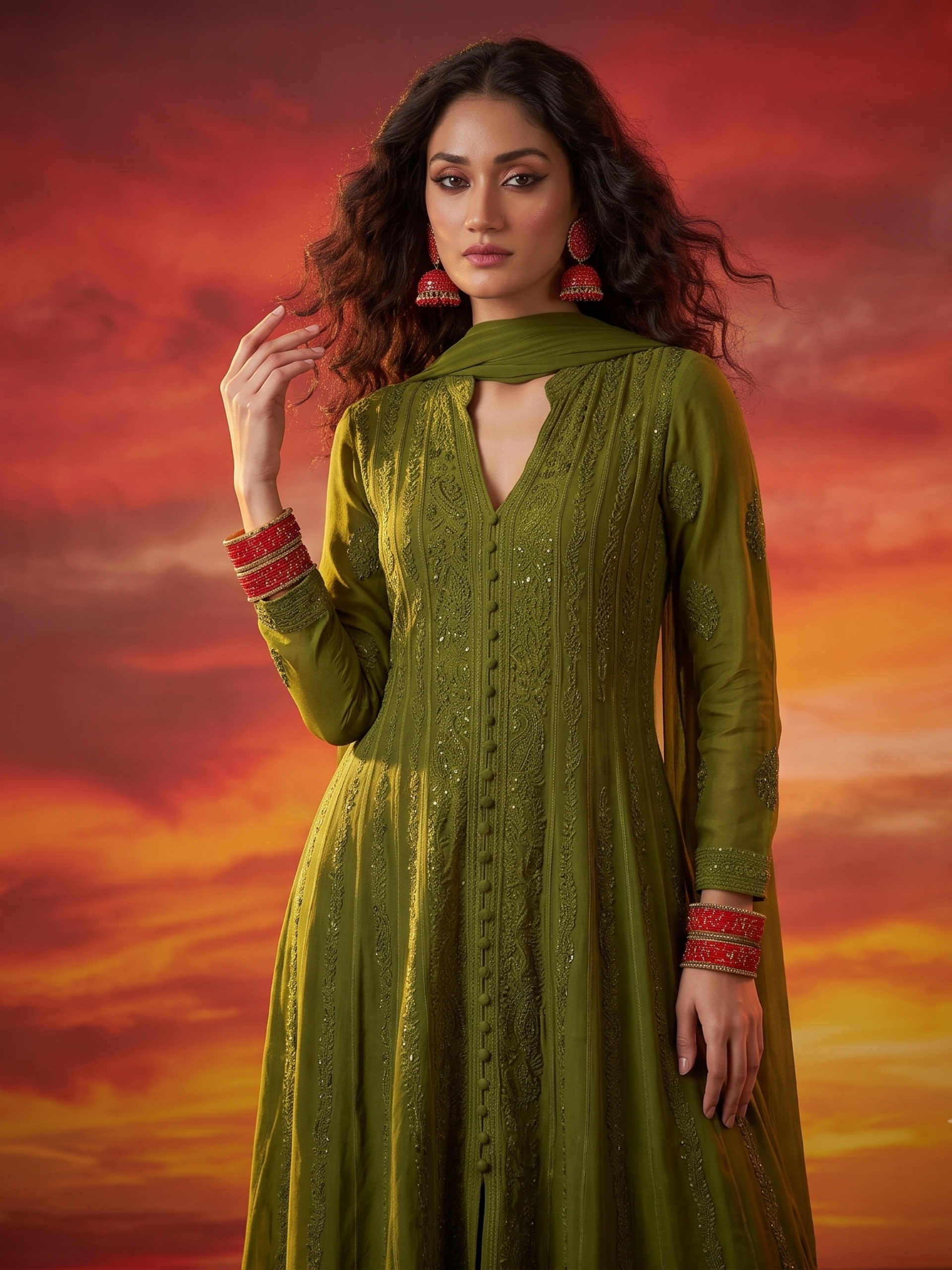 Olive Tuscany Chikankari & Mukaish Anarkali Set (Set of 3)