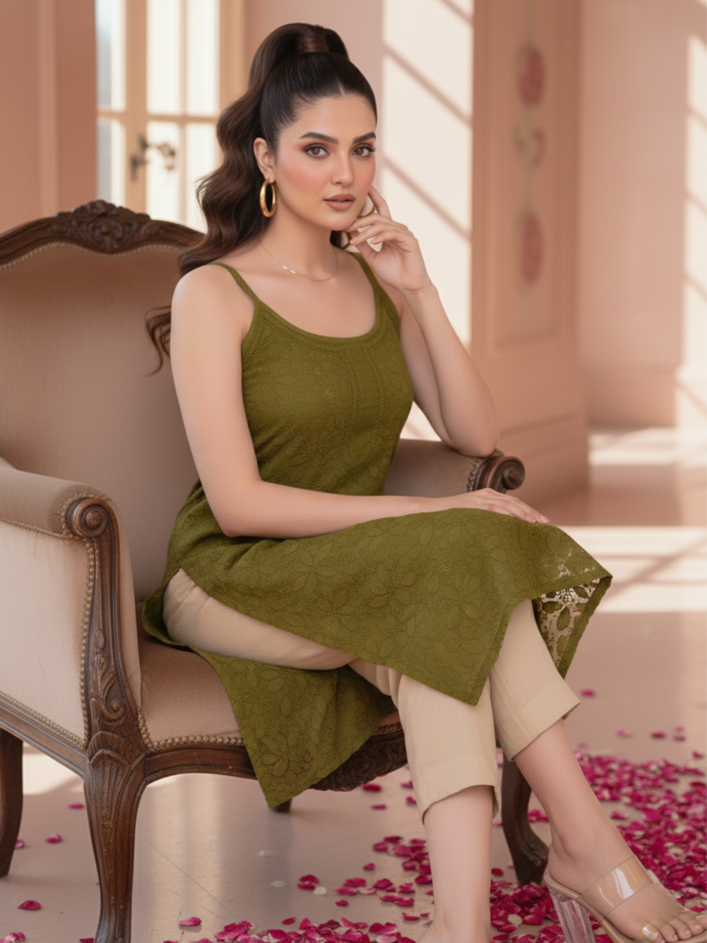 Dreamy Olive Chikankari Long Kurta