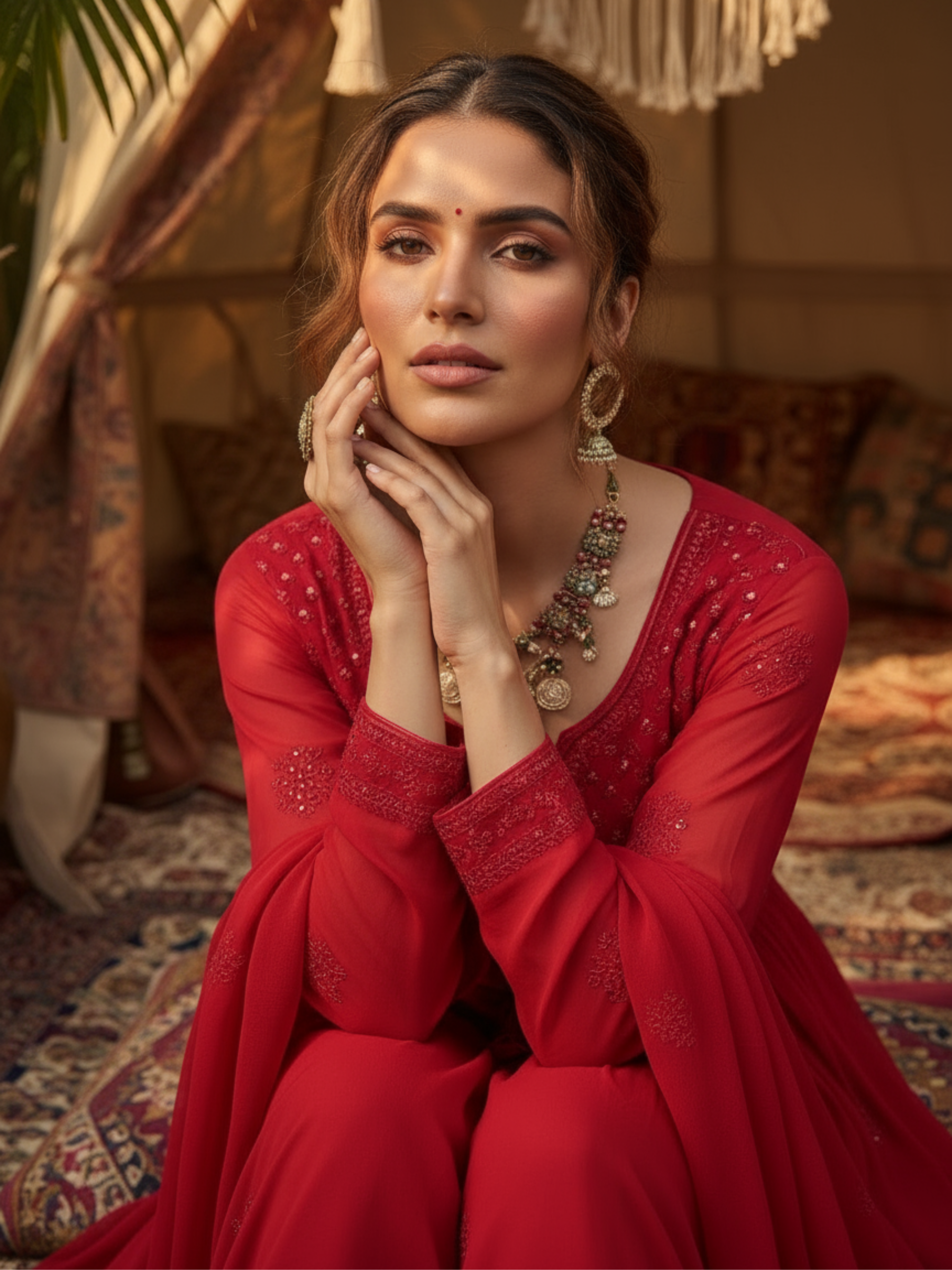 Crimson Glow Chikankari Anarkali Set (Set of 3)