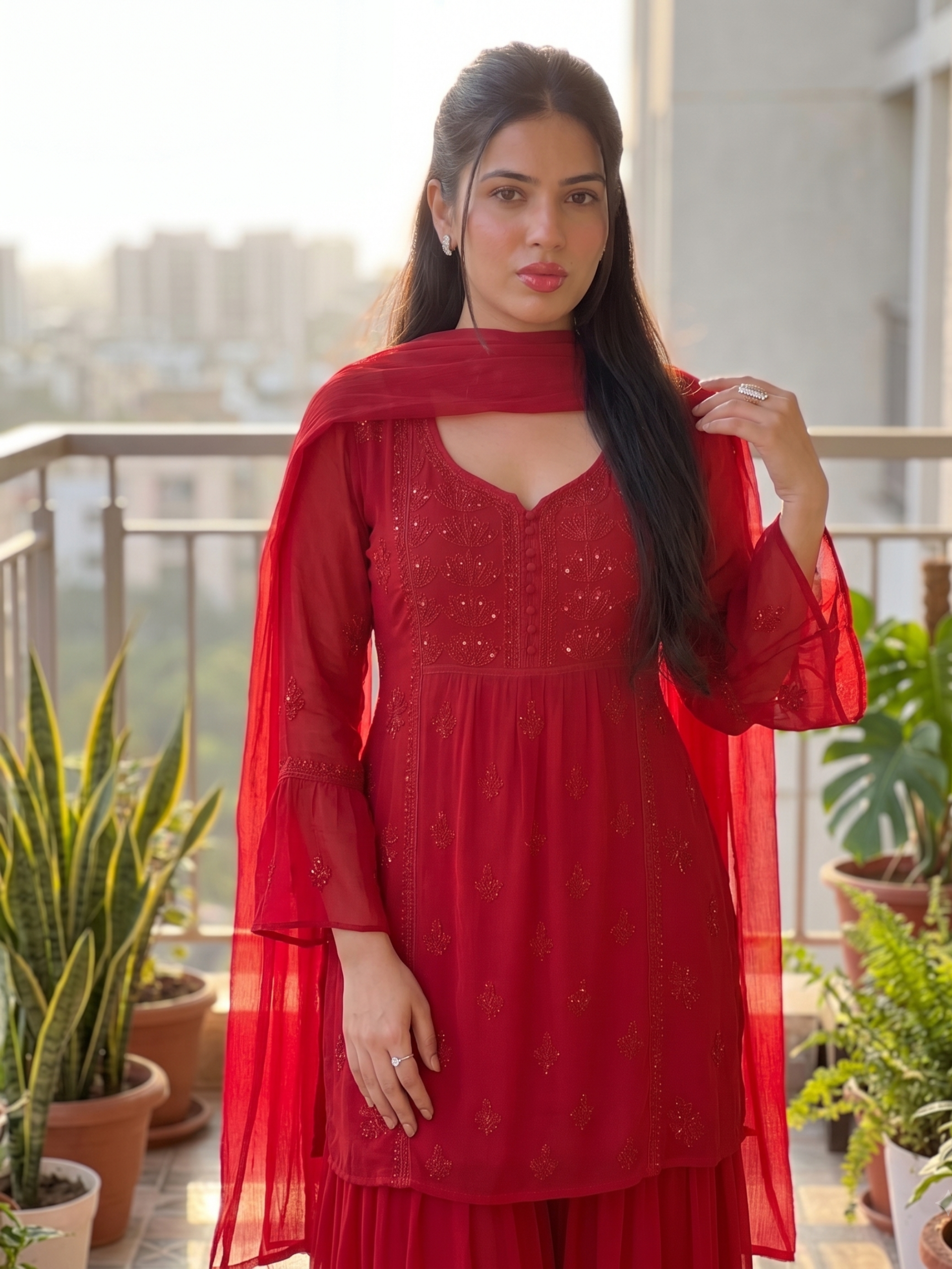 Carmine Chikankari Kurta - Gharara Set (Set of 3)