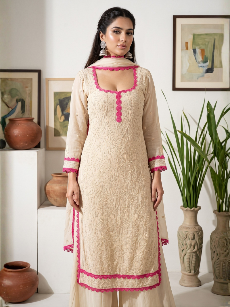 Athena Chikankari & Lace Kurta Set (Set of 3)