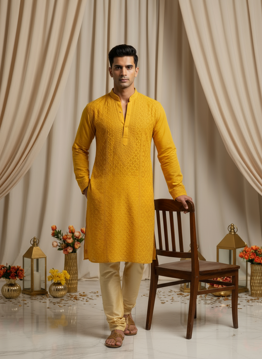 Saffron Dawn Mens Chikankari Hand-embroidered Kurta