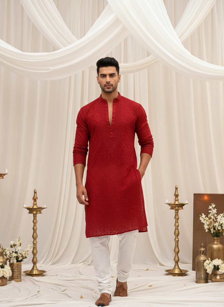 Fiery Red Mens Chikankari Hand-embroidered Kurta