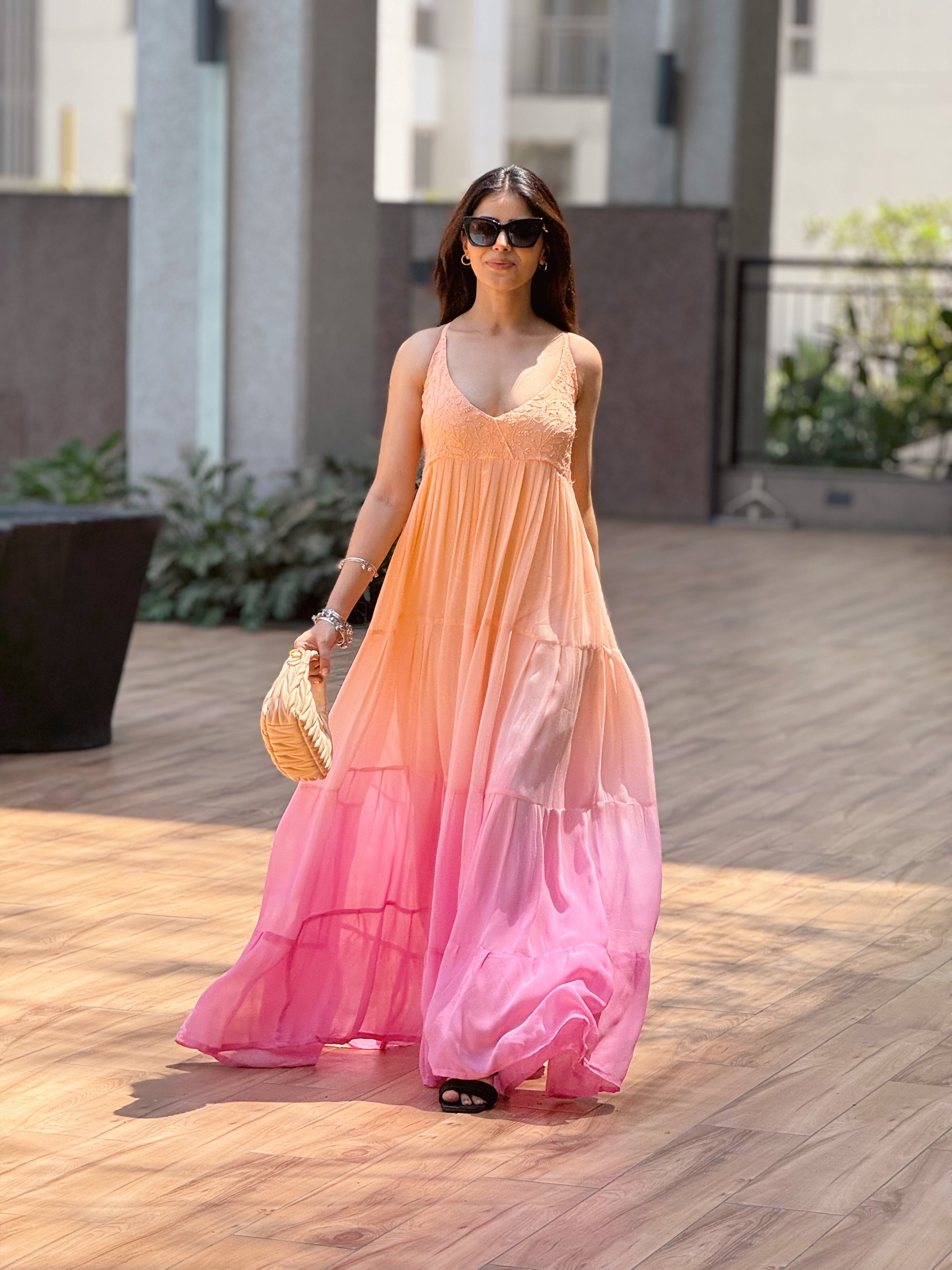 Auriella Pink & Peach Chikankari Maxi Dress Shop Label Aishwaryrika Auriella Pink & Peach Chikankari Maxi Dress Shop Label Aishwaryrika