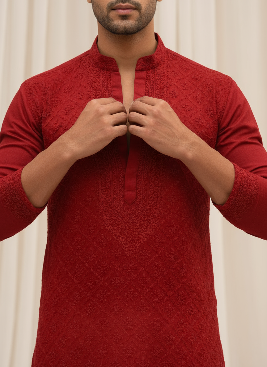 Fiery Red Mens Chikankari Hand-embroidered Kurta