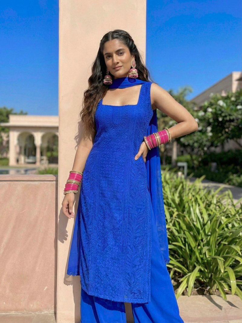 Cobalt Blue Chikankari Square Neck Kurta-Set