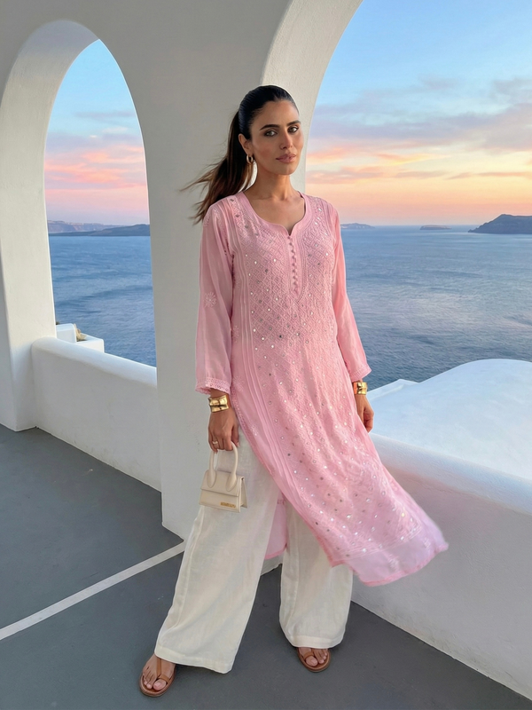 Dreamy Pink Ring Work Chikankari Kurta