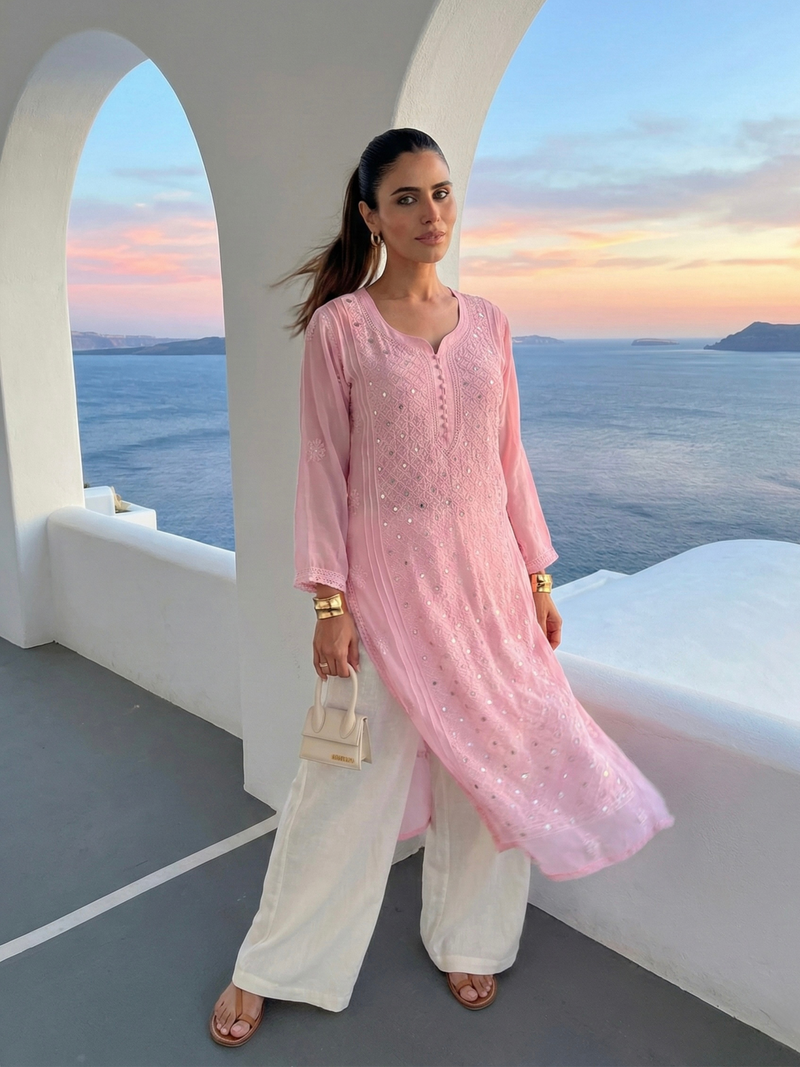 Dreamy Pink Ring Work Chikankari Kurta