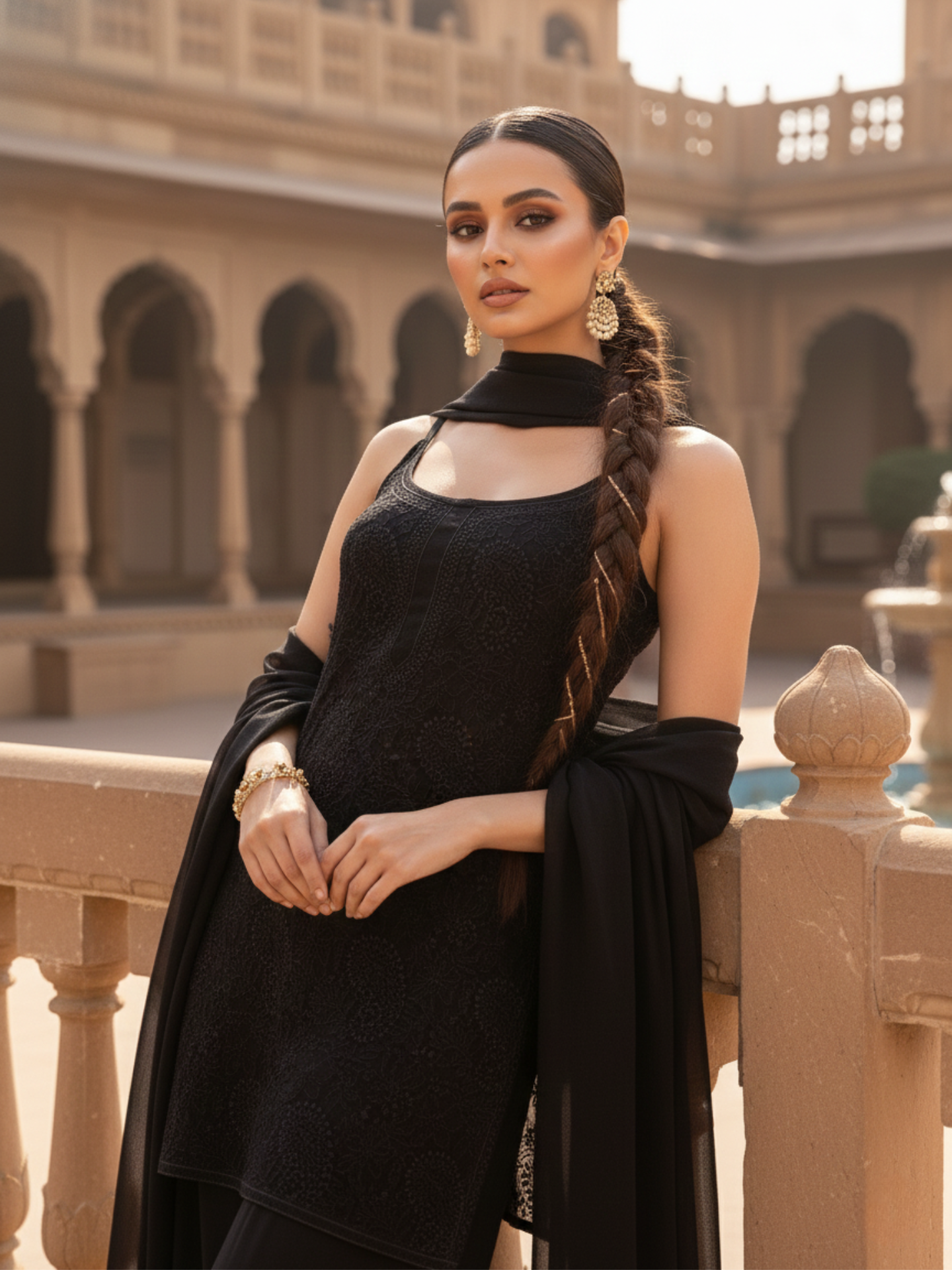 Black Mirage Chikankari Short Kurta Palazzo Set (Set of 3)