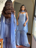 Lotus Blue Chikankari Gharara Short Kurta Set (Set of 3)
