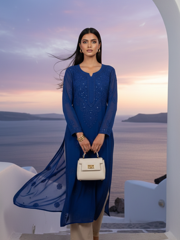 Royal Blue Gala-Booti Chikankari & Mukaish Kurta