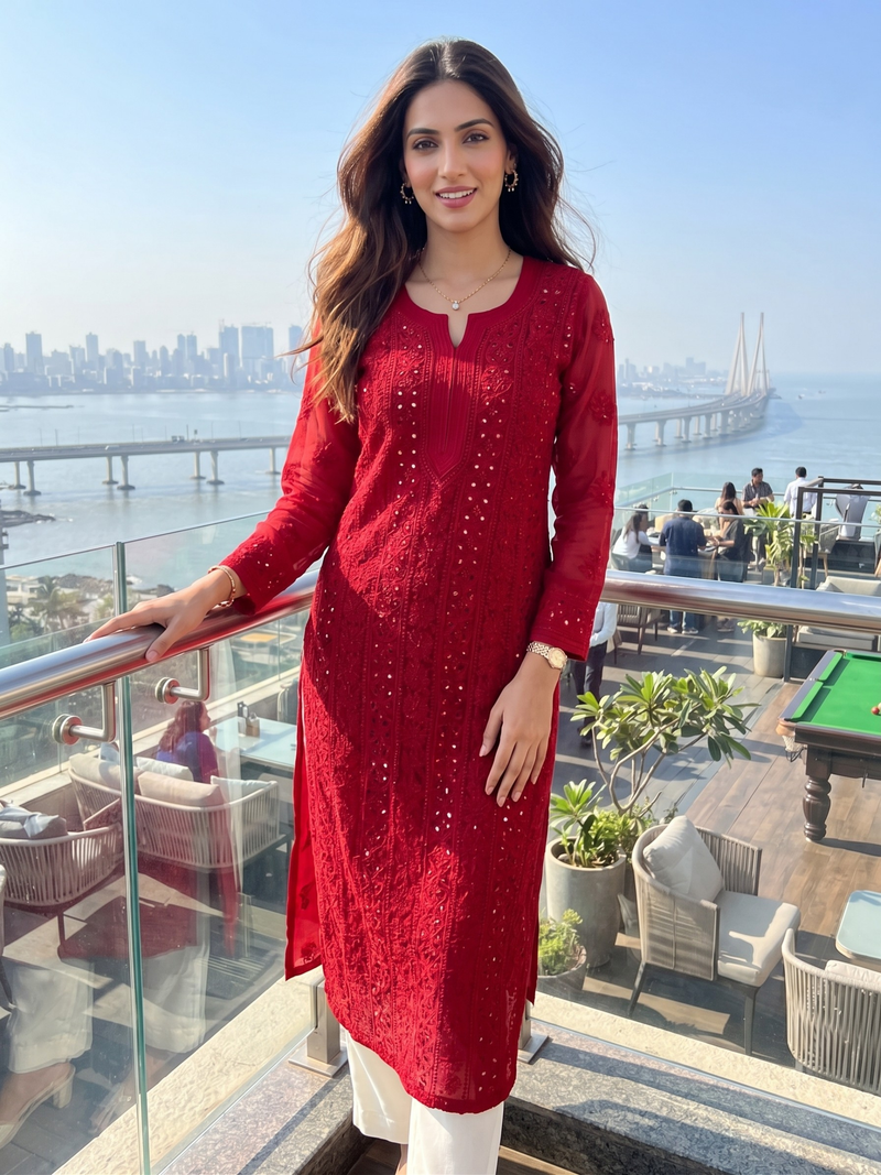 Forbidden Red Full Sleeves Chikankari Kurta