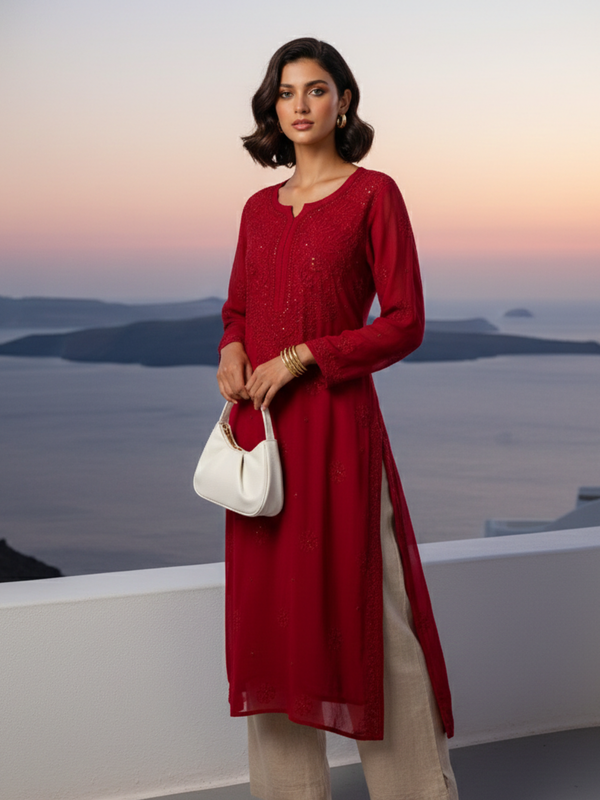 Rich Red Gala-Booti Chikankari & Mukaish Kurta