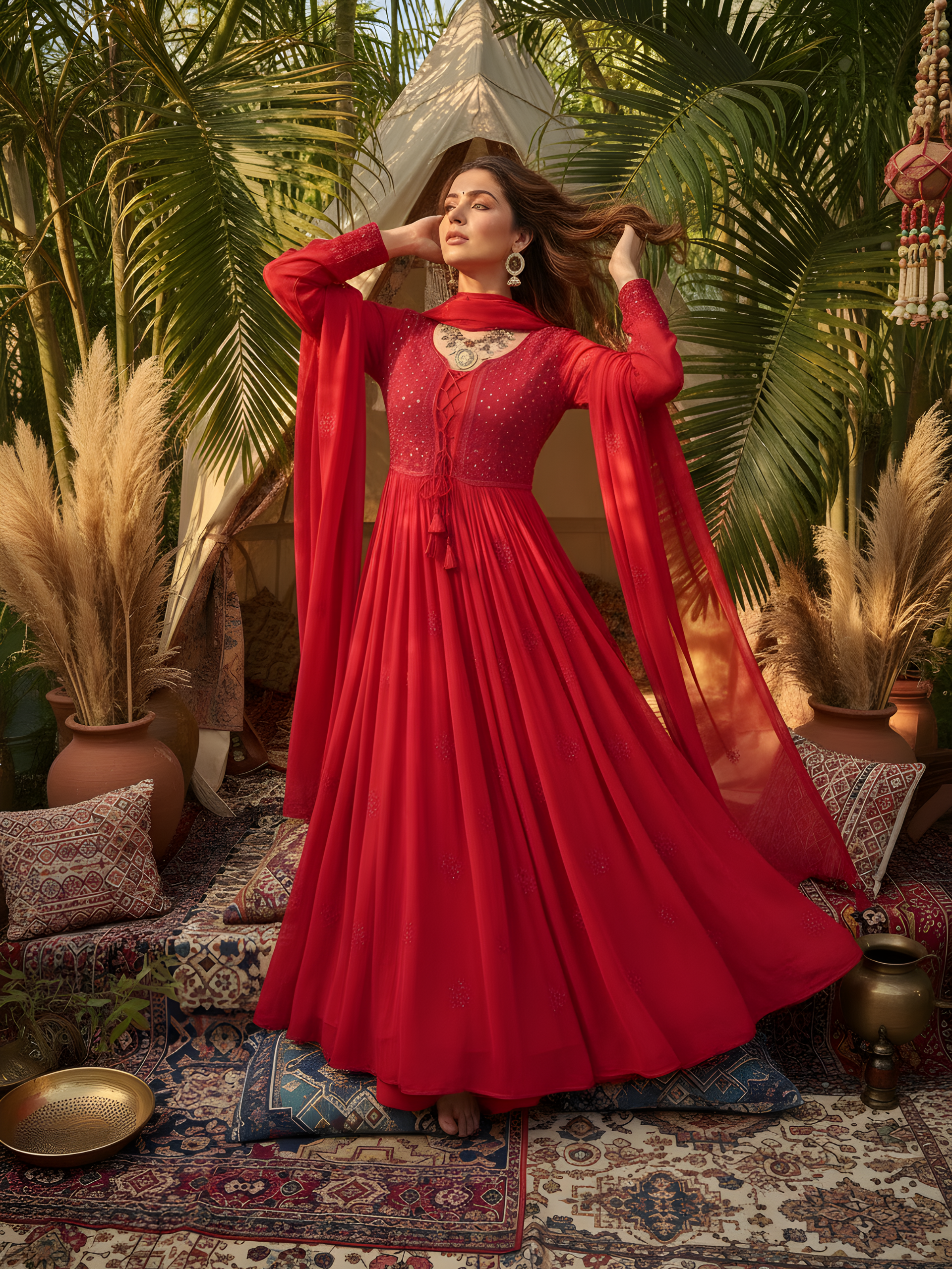 Crimson Glow Chikankari Anarkali Set (Set of 3)