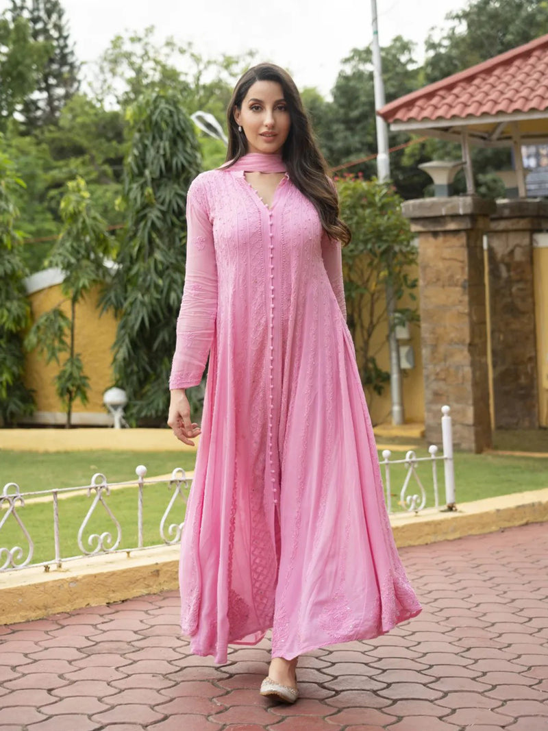 Spanish Rose Chikankari & Mukaish Anarkali Set (Set of 3)