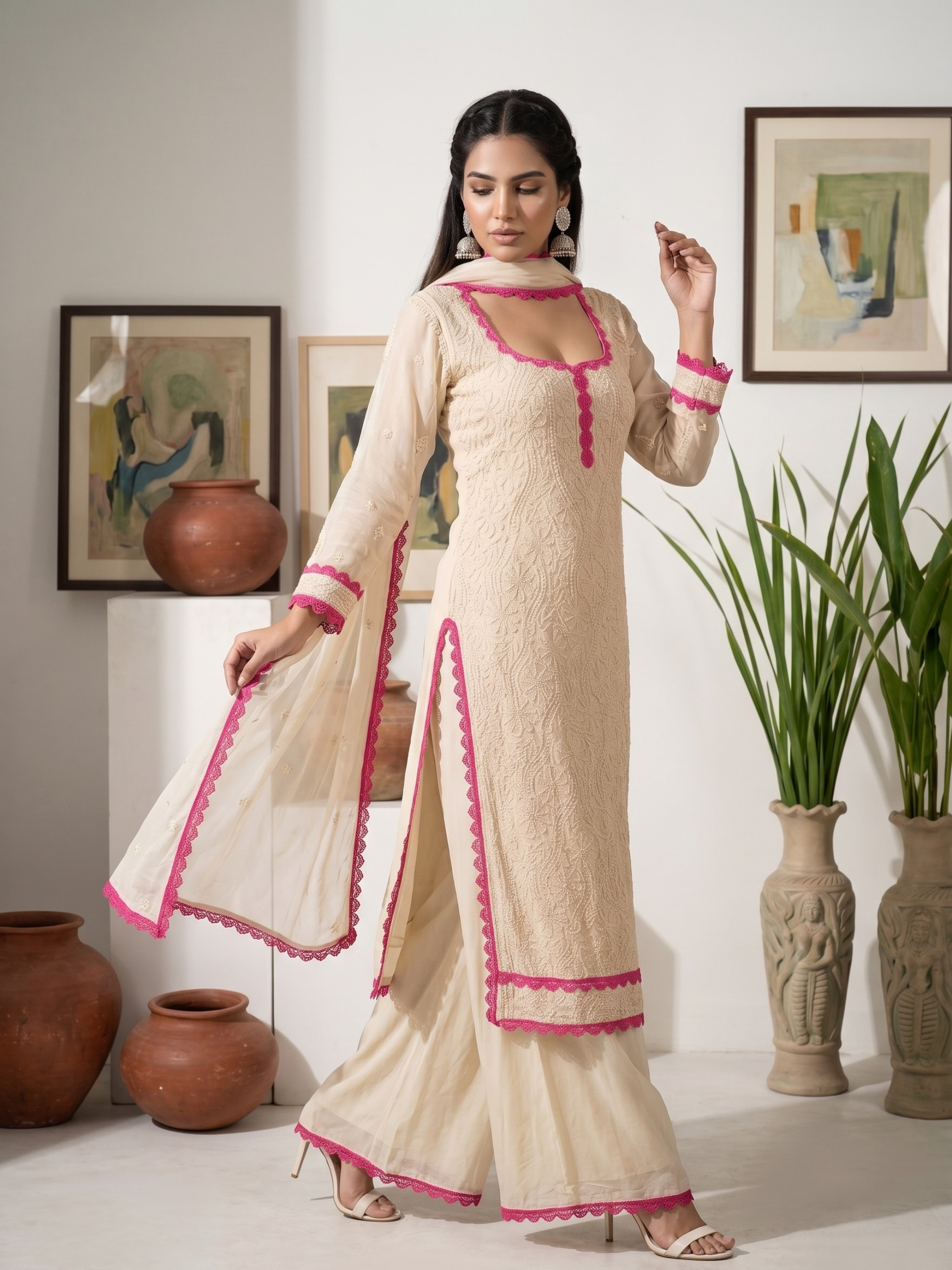 Athena Chikankari & Lace Kurta Set (Set of 3)