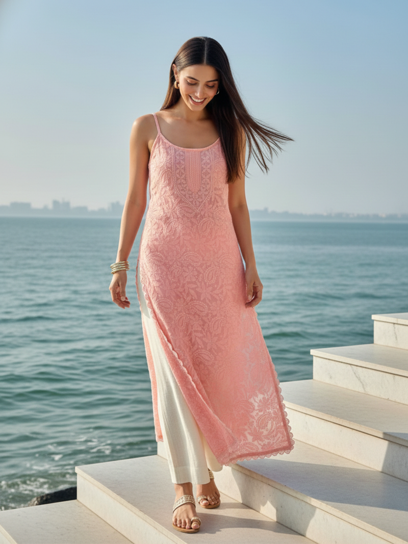 Soft Coral Chikankari & Lace Sleeveless Kurta