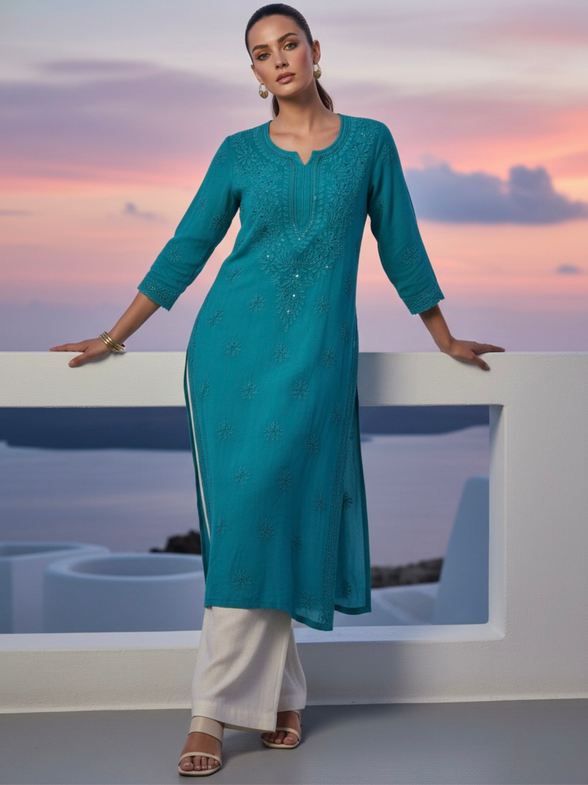 Aqua Teal Gala-Booti Chikankari & Mukaish Kurta