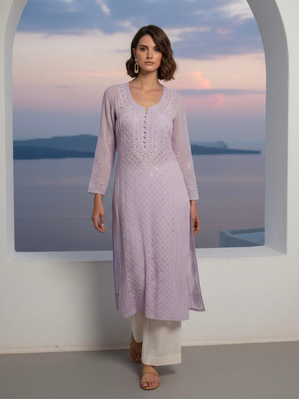 Lavender Lily Ring Work Chikankari Kurta