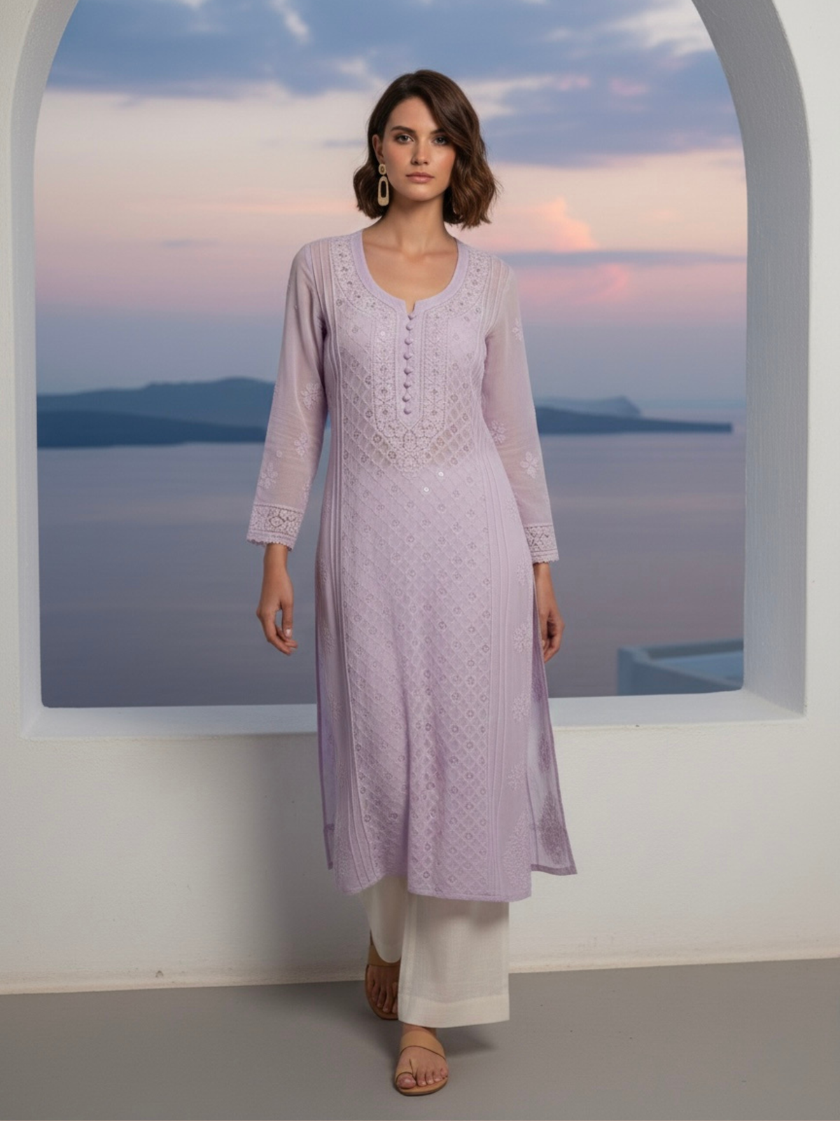 Lavender Lily Ring Work Chikankari Kurta