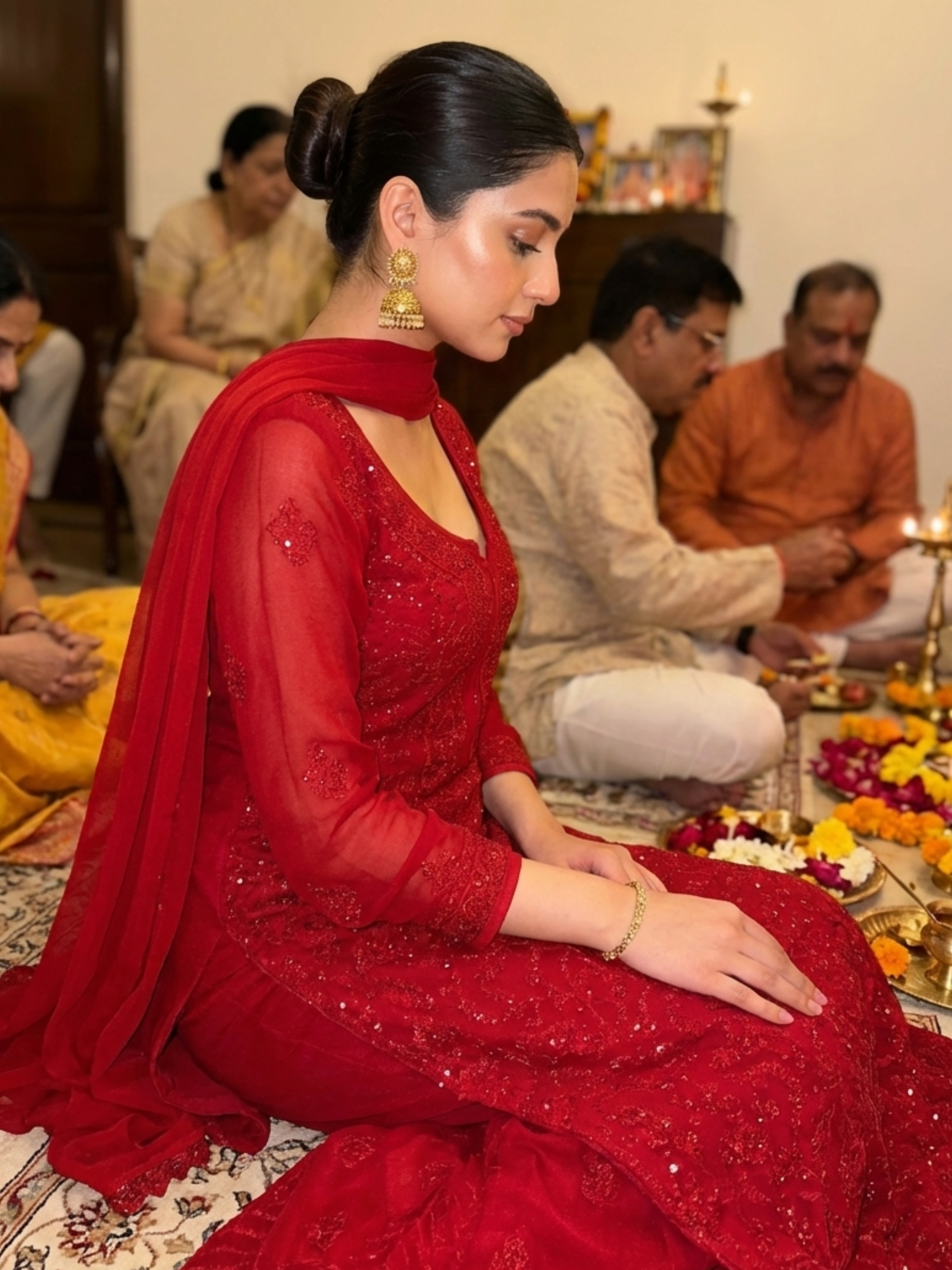 Forbidden Red Full Sleeves Chikankari Kurta Set (Set of 3)