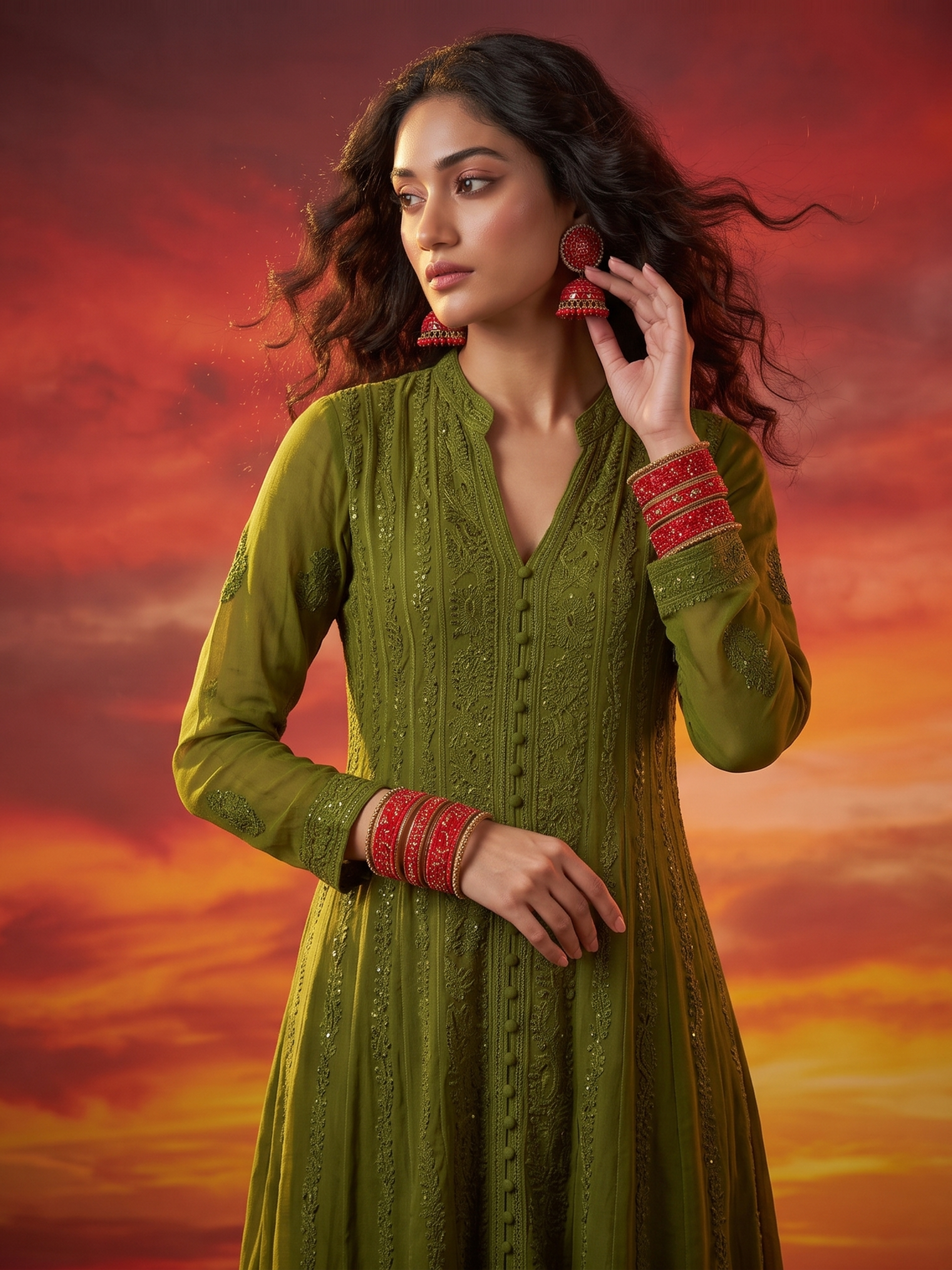 Olive Tuscany Chikankari & Mukaish Anarkali Set (Set of 3)