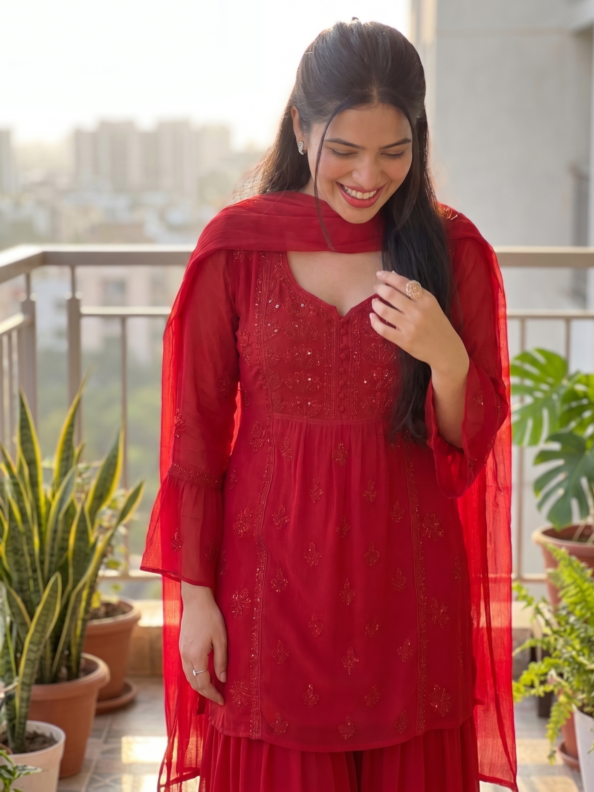 Carmine Chikankari Kurta - Gharara Set (Set of 3)