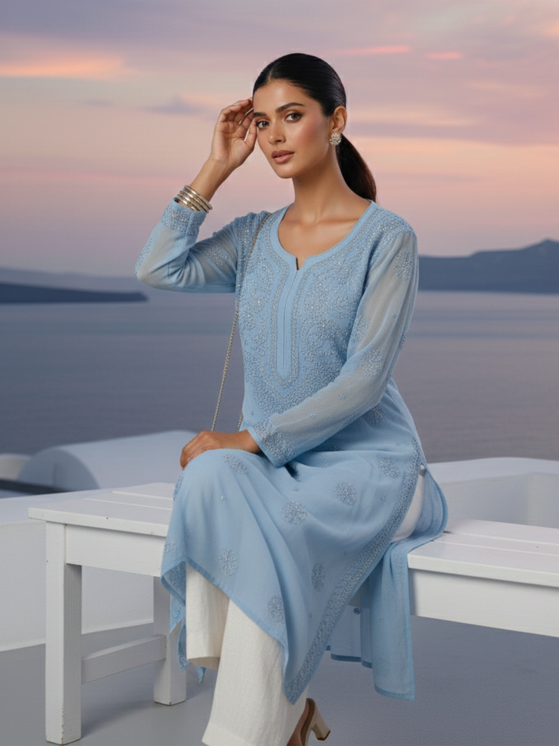 Muted Blue Gala-Booti Chikankari & Mukaish Kurta