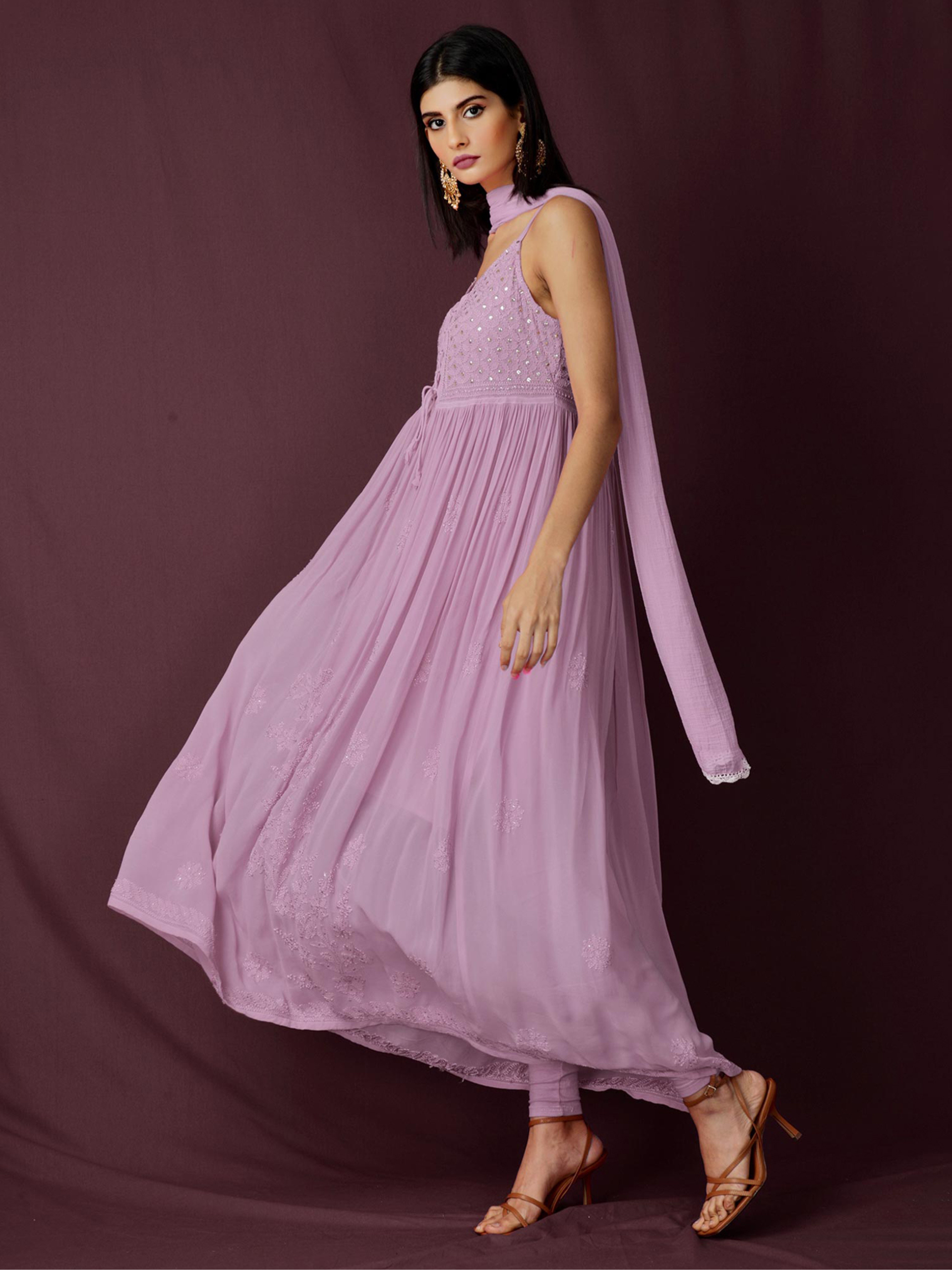 Rose Mauve Strappy Chikankari Anarkali Set