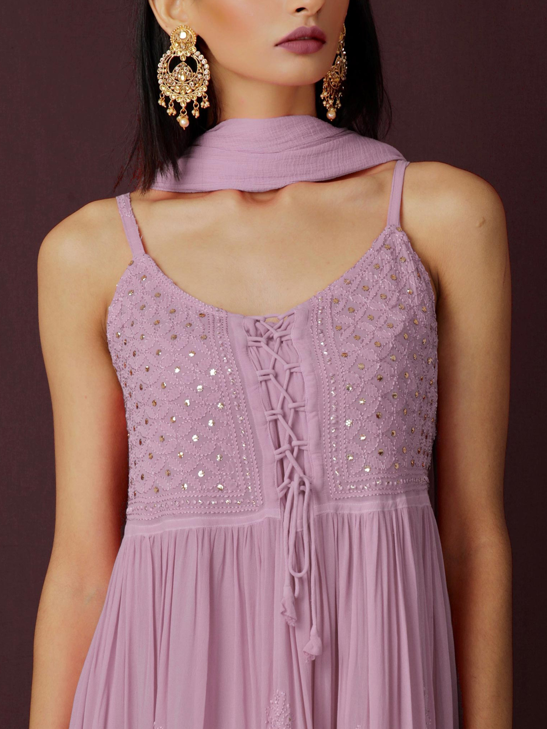 Rose Mauve Strappy Chikankari Anarkali Set