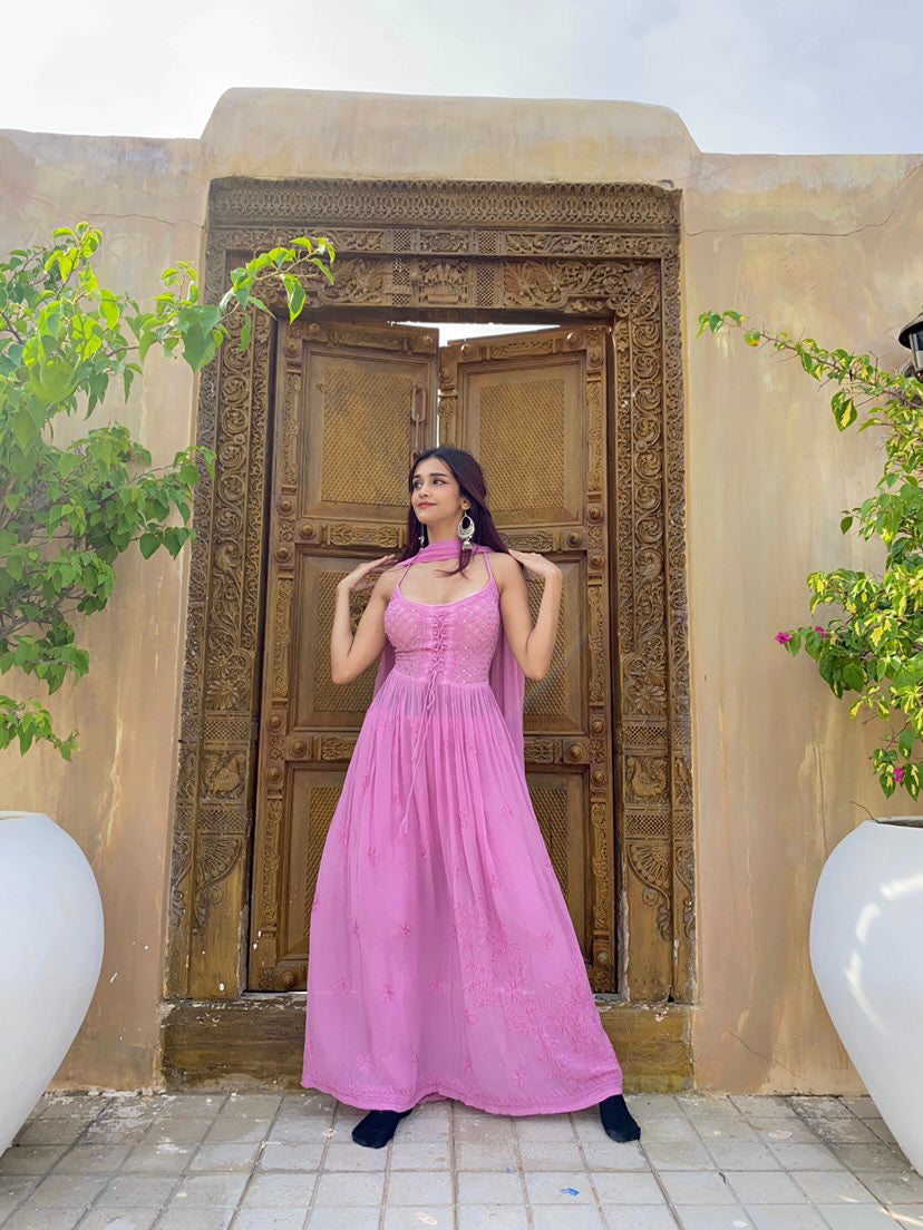 Rose Mauve Strappy Chikankari Anarkali Set