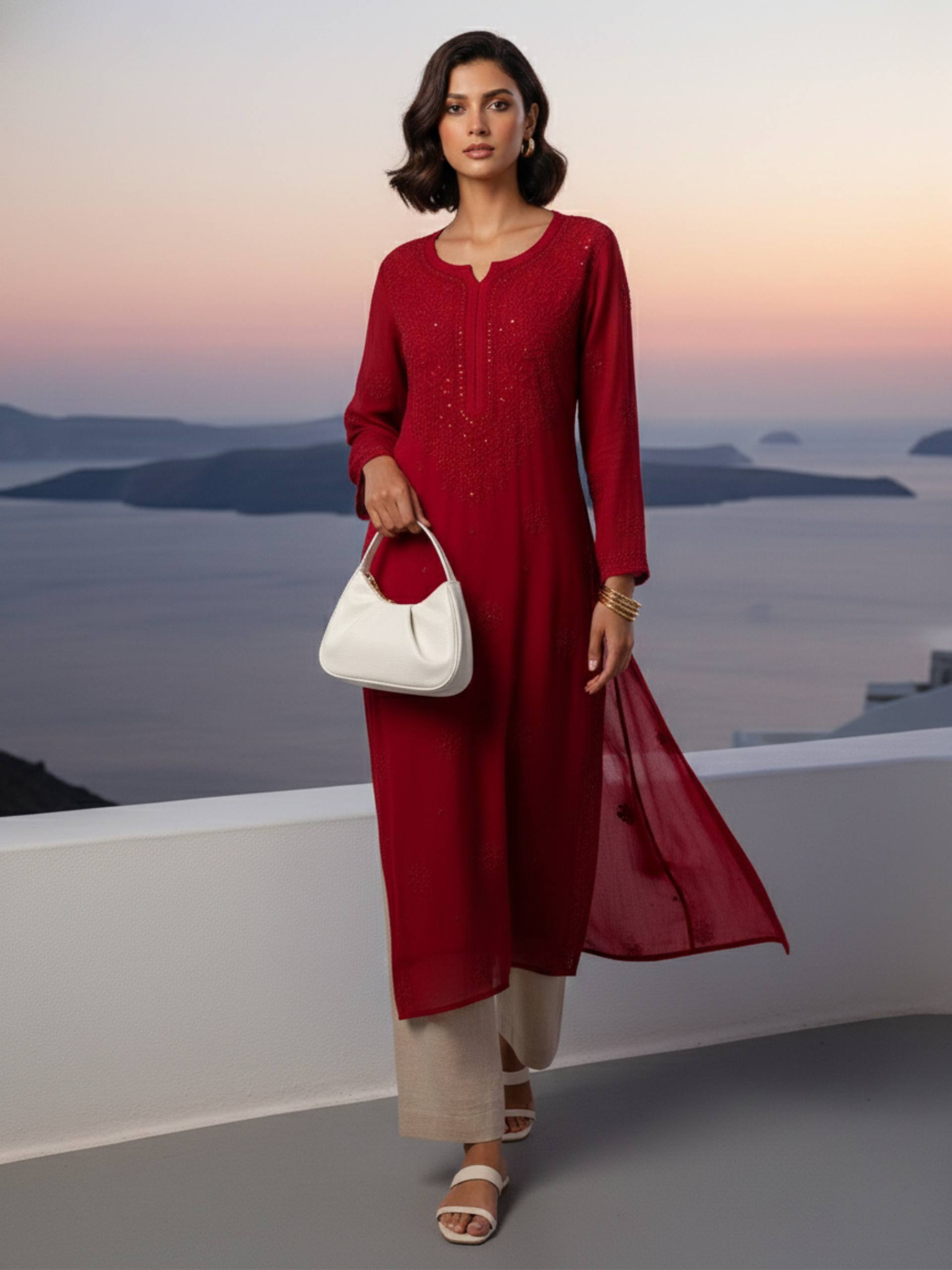 Rich Red Gala-Booti Chikankari & Mukaish Kurta