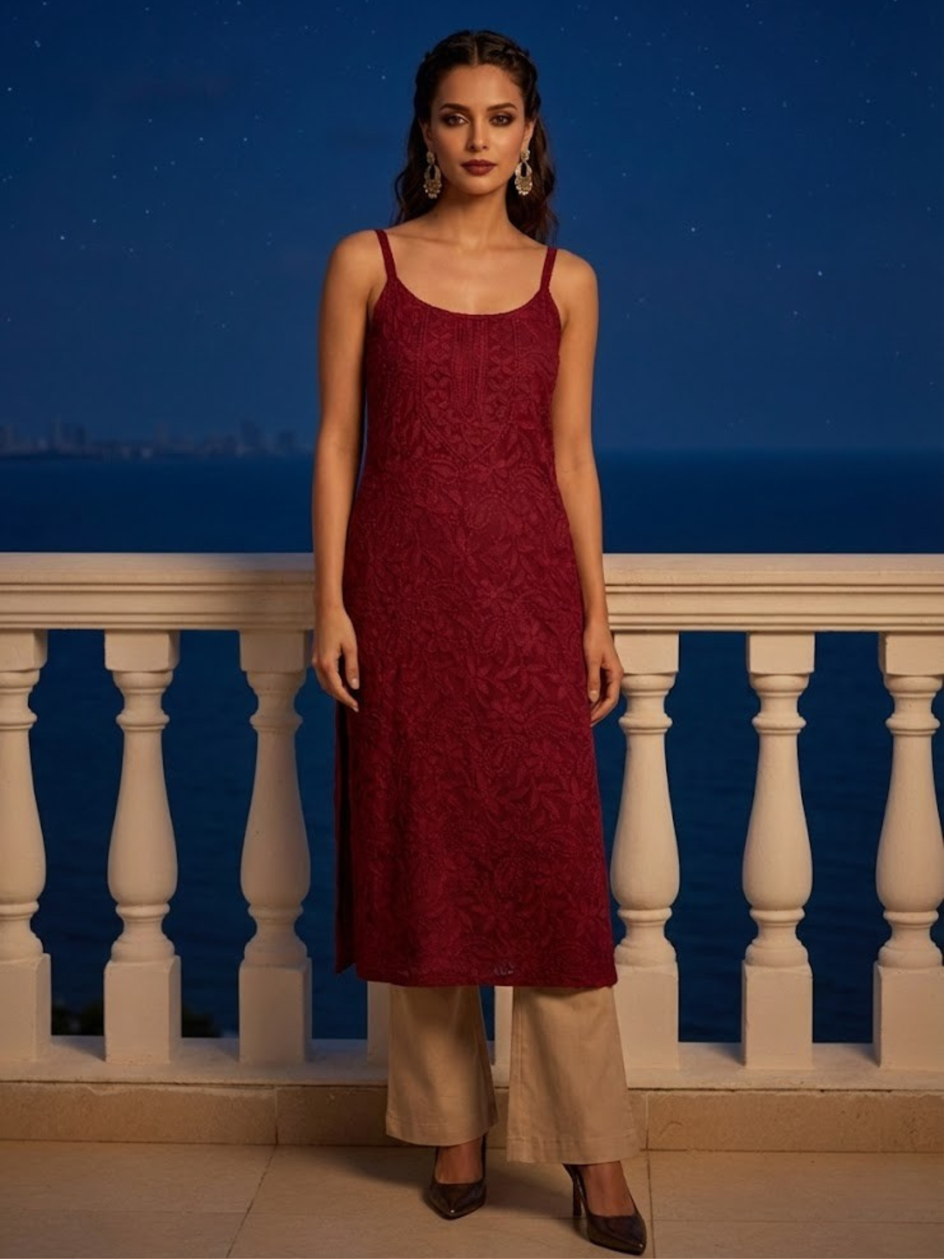 Maroon Muse Chikankari & Lace Sleeveless Kurta