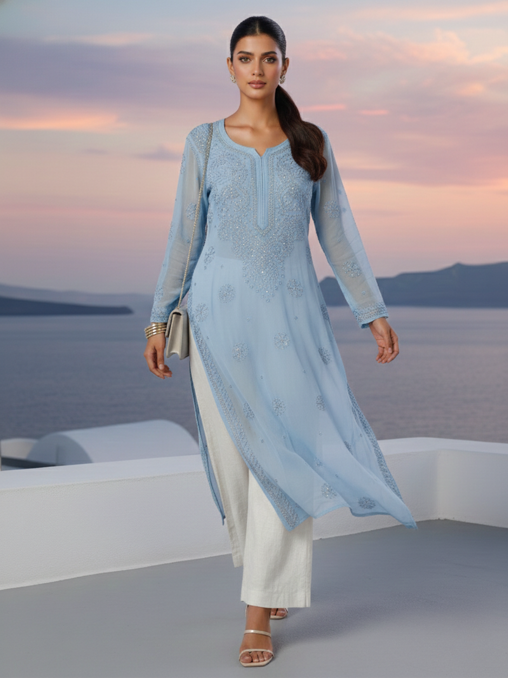 Muted Blue Gala-Booti Chikankari & Mukaish Kurta