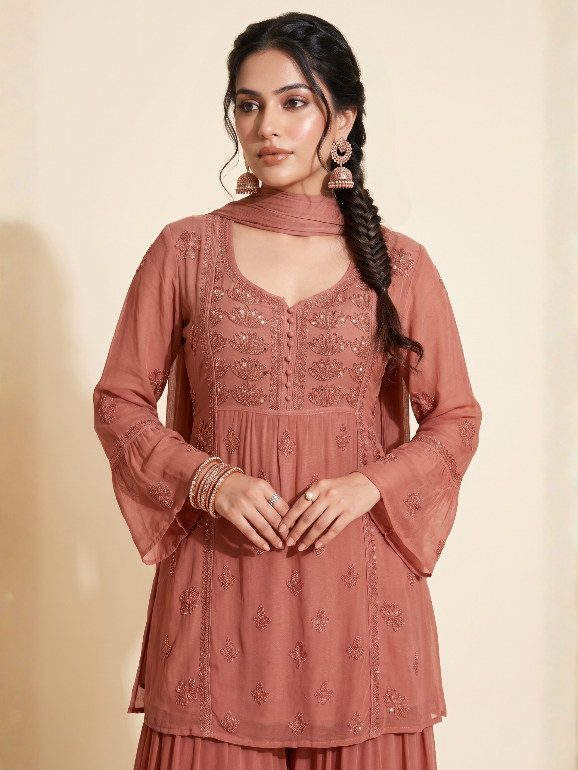 Carmine Chikankari Kurta - Gharara Set (Set of 3)