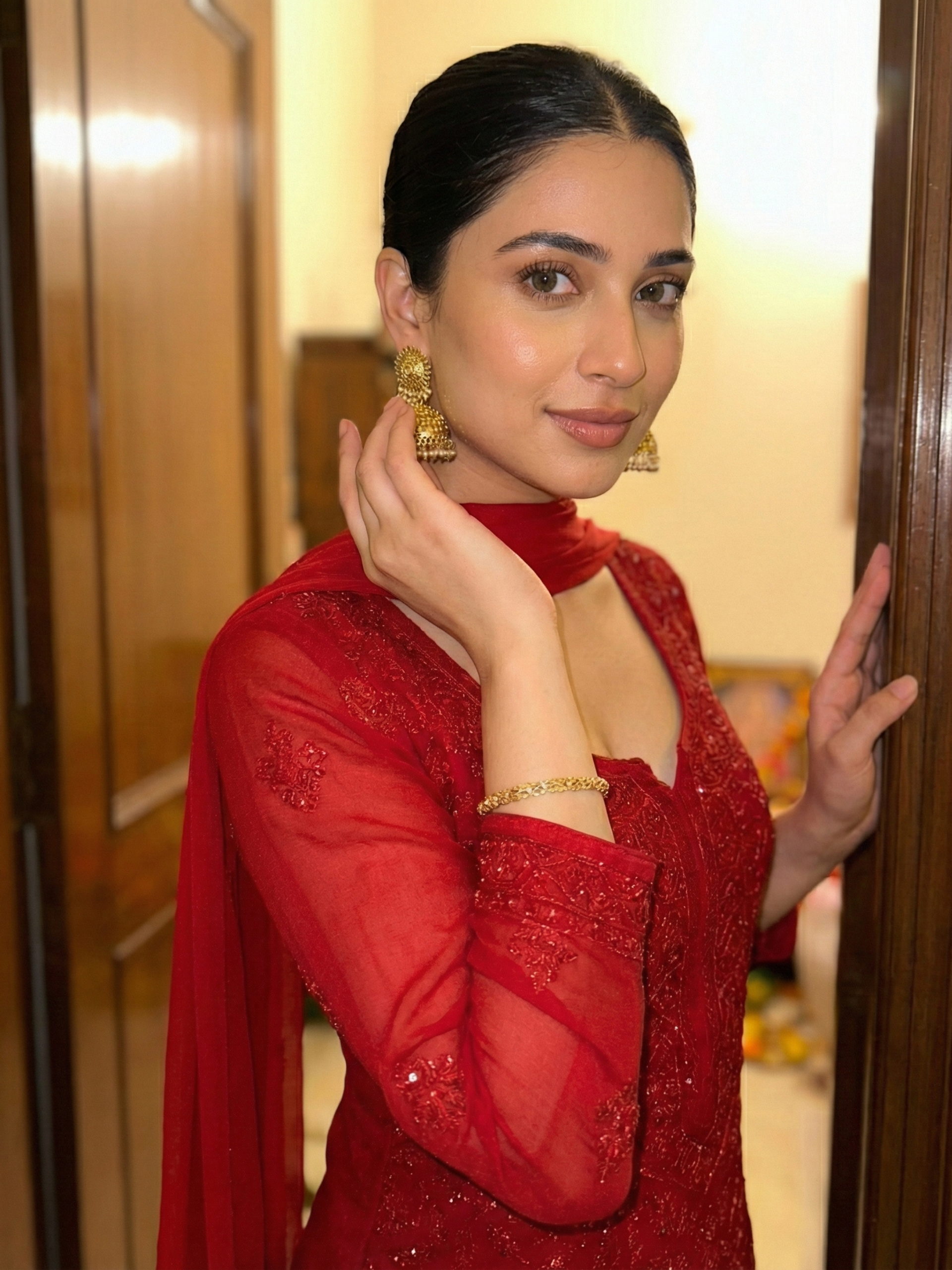 Forbidden Red Full Sleeves Chikankari Kurta Set (Set of 3)