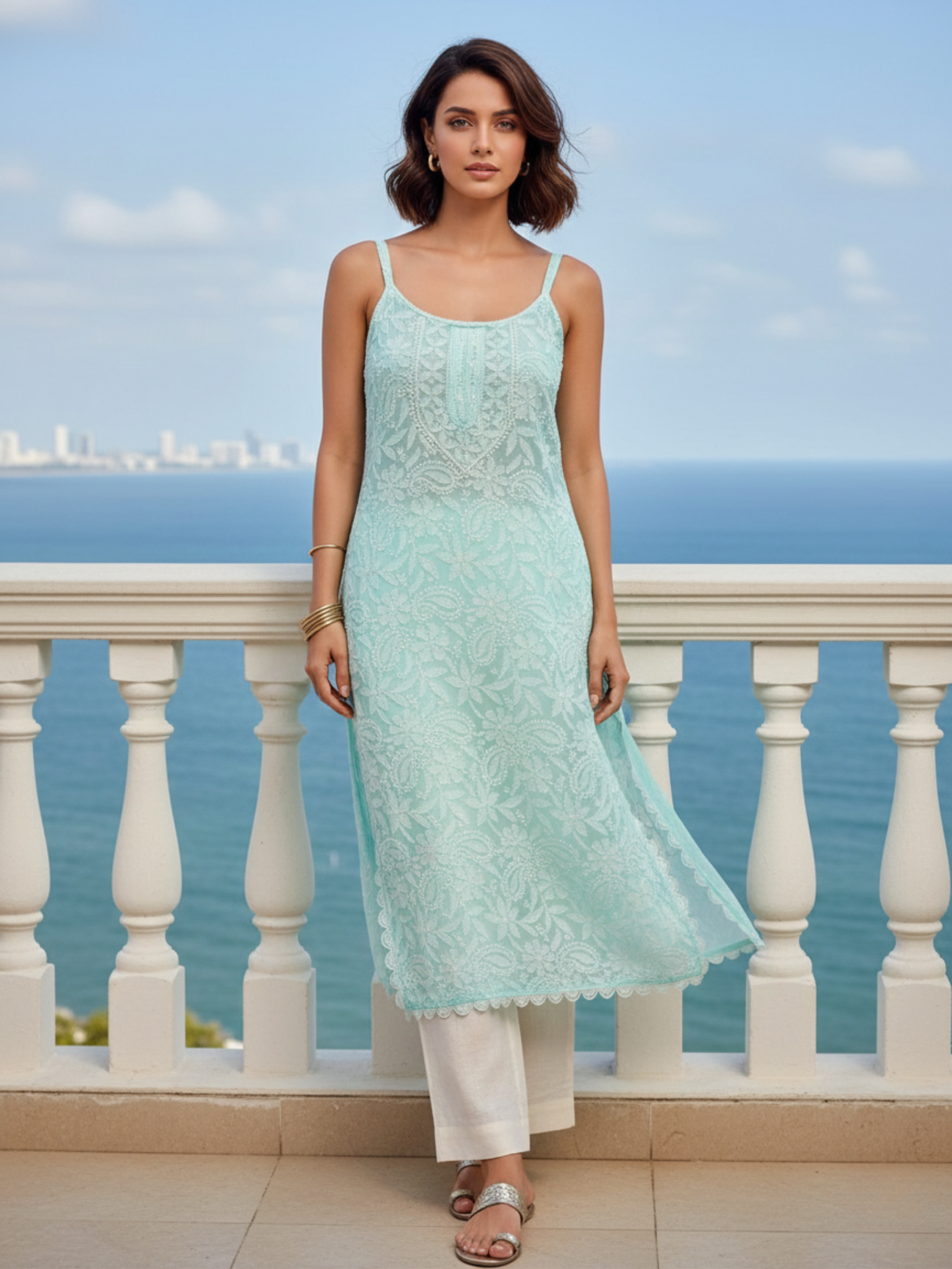 Breeze Blue Chikankari & Lace Sleeveless Kurta