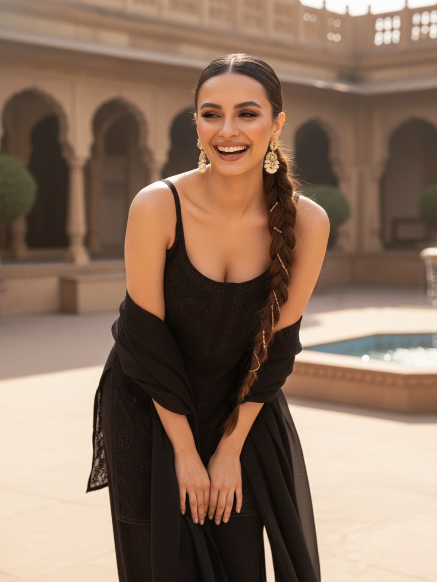 Black Mirage Chikankari Short Kurta Palazzo Set (Set of 3)