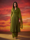 Olive Tuscany Chikankari & Mukaish Anarkali Set (Set of 3)